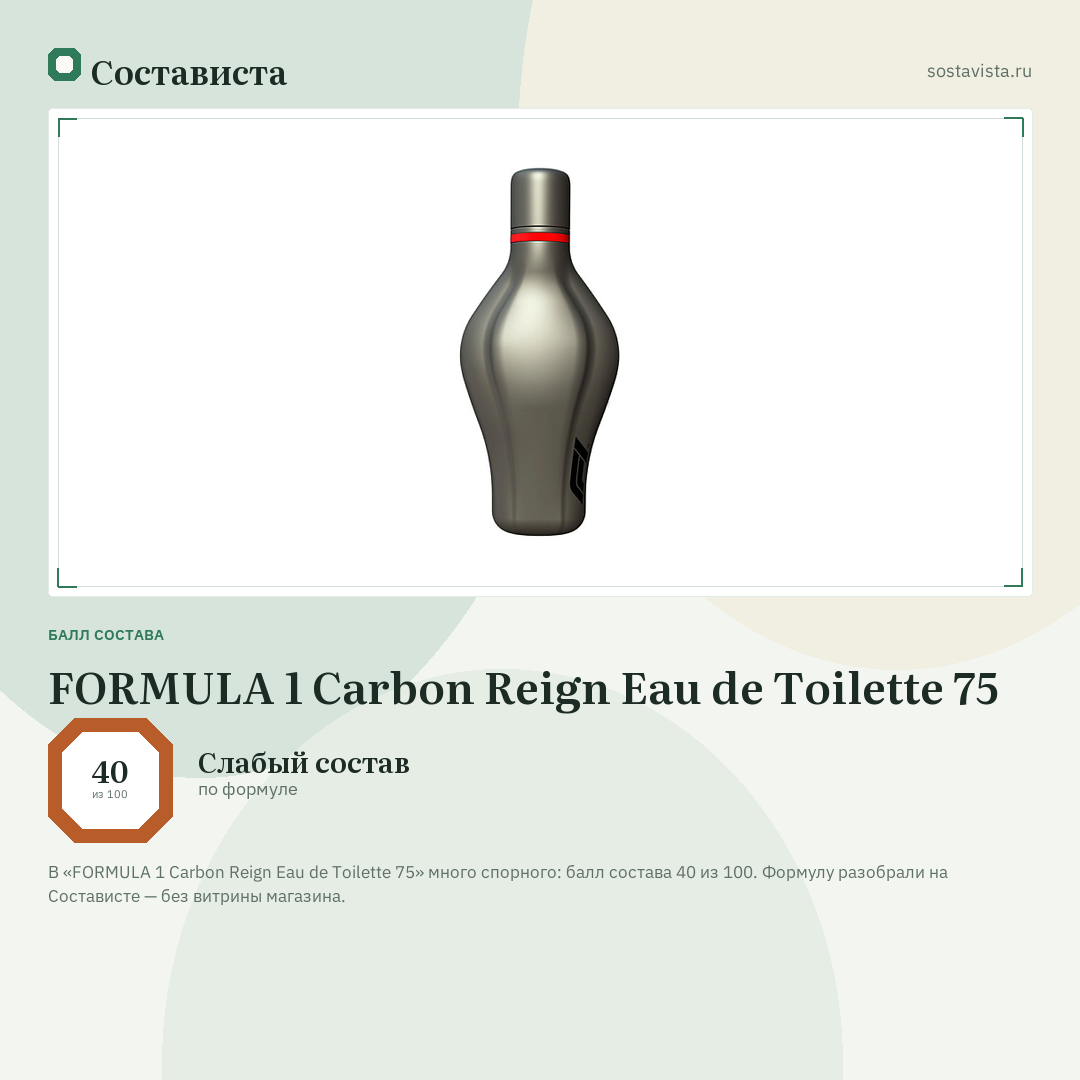 FORMULA 1 Carbon Reign Eau de Toilette 75: балл состава 40 из 100 — Состависта