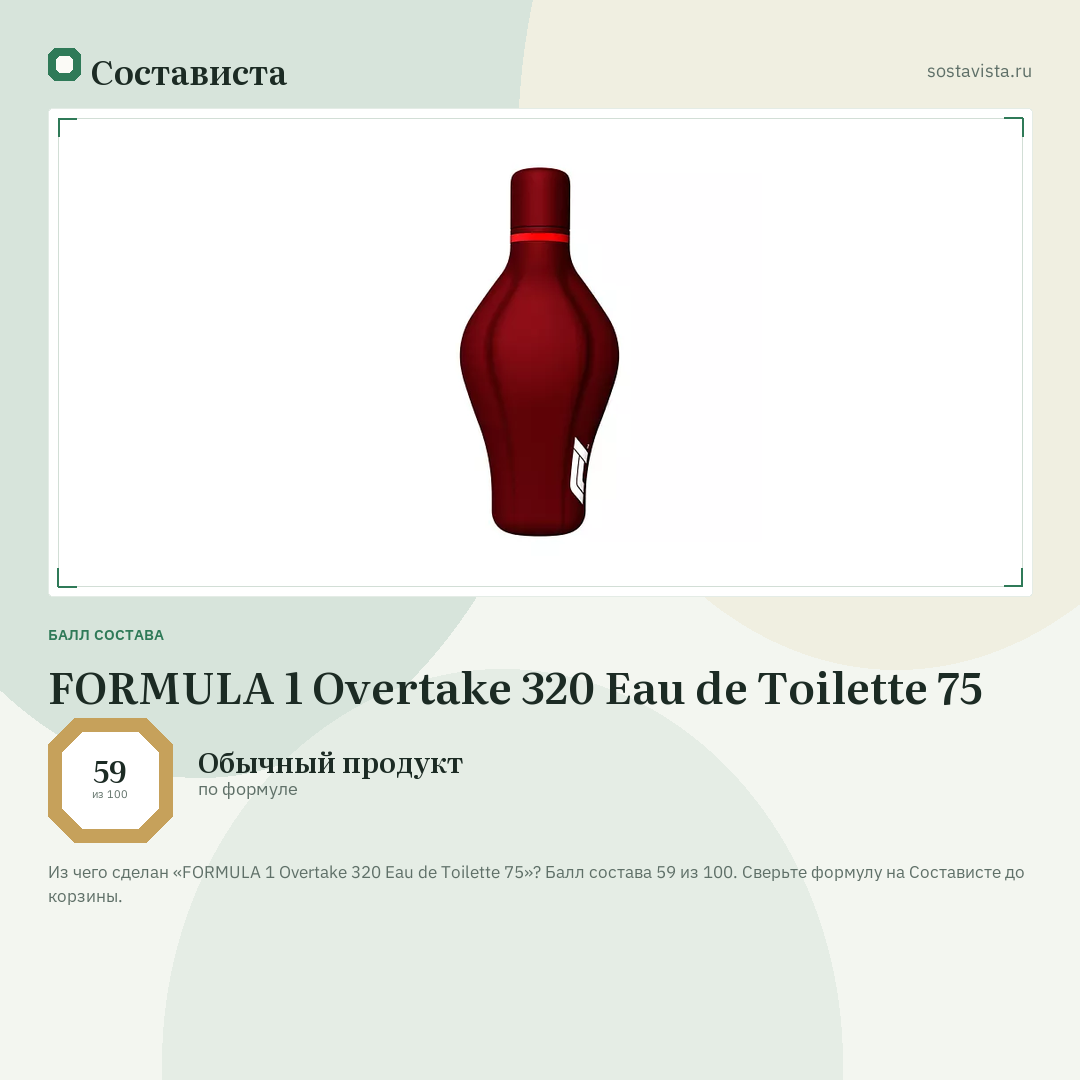FORMULA 1 Overtake 320 Eau de Toilette 75: балл состава 59 из 100 — Состависта