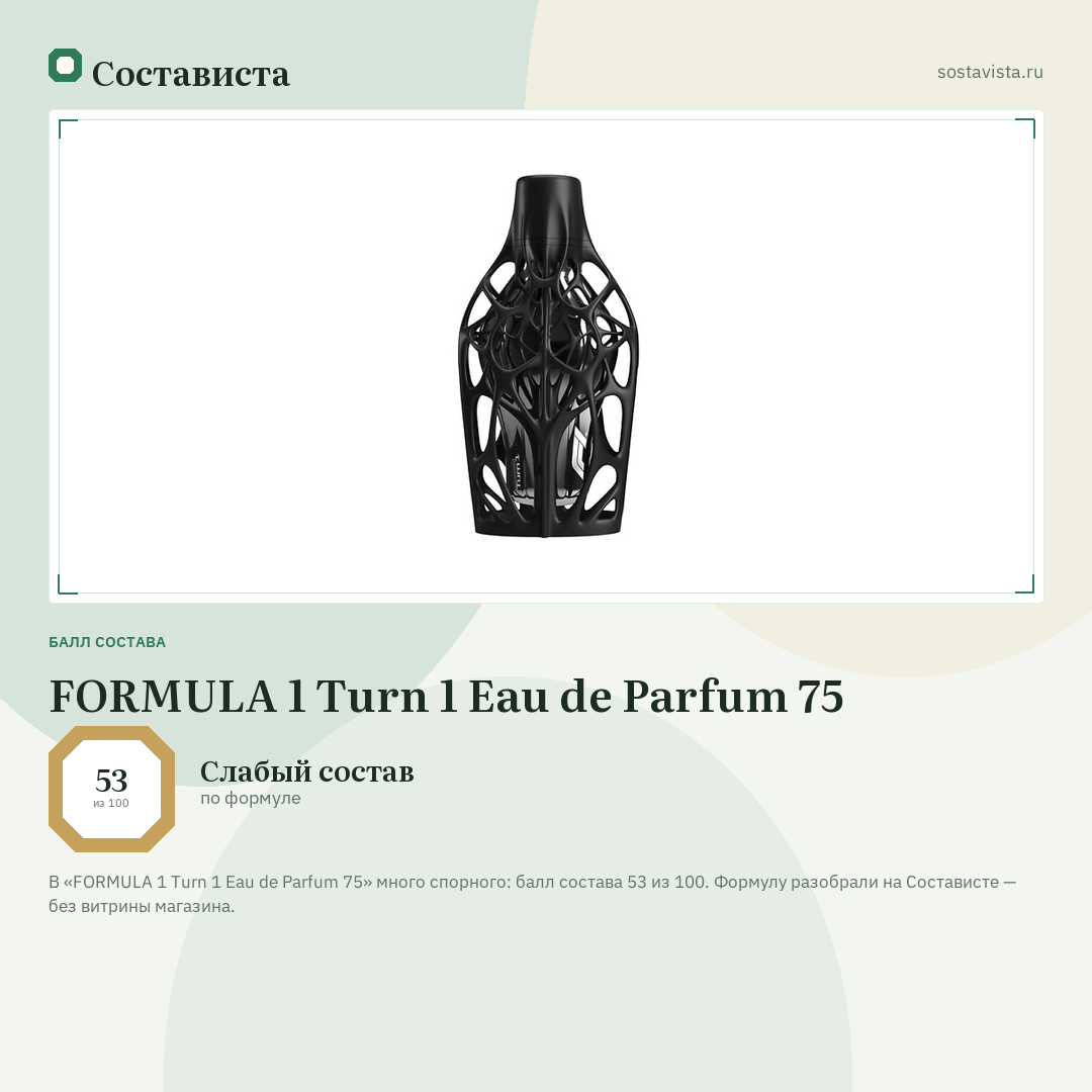 FORMULA 1 Turn 1 Eau de Parfum 75: балл состава 53 из 100 — Состависта