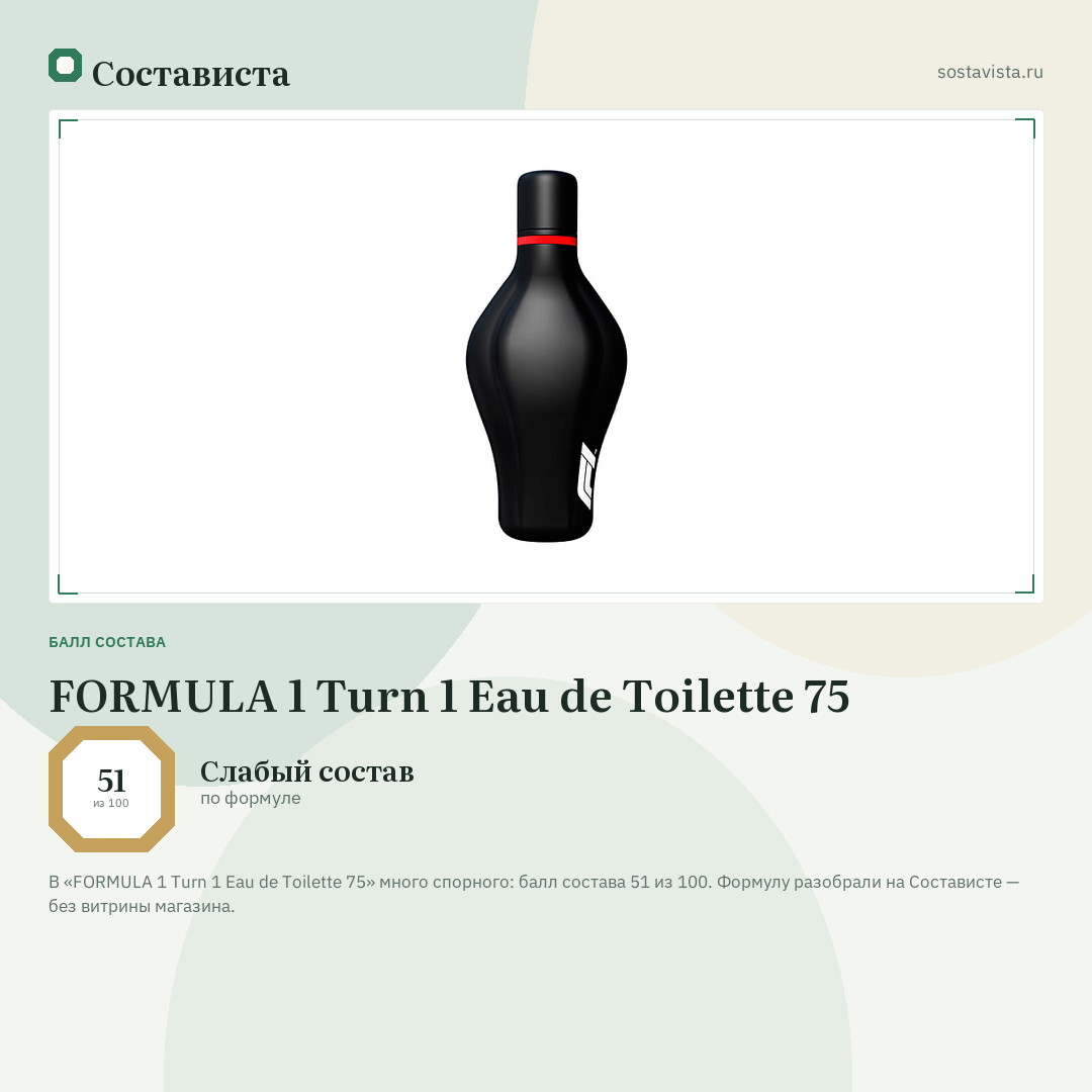 FORMULA 1 Turn 1 Eau de Toilette 75: балл состава 51 из 100 — Состависта