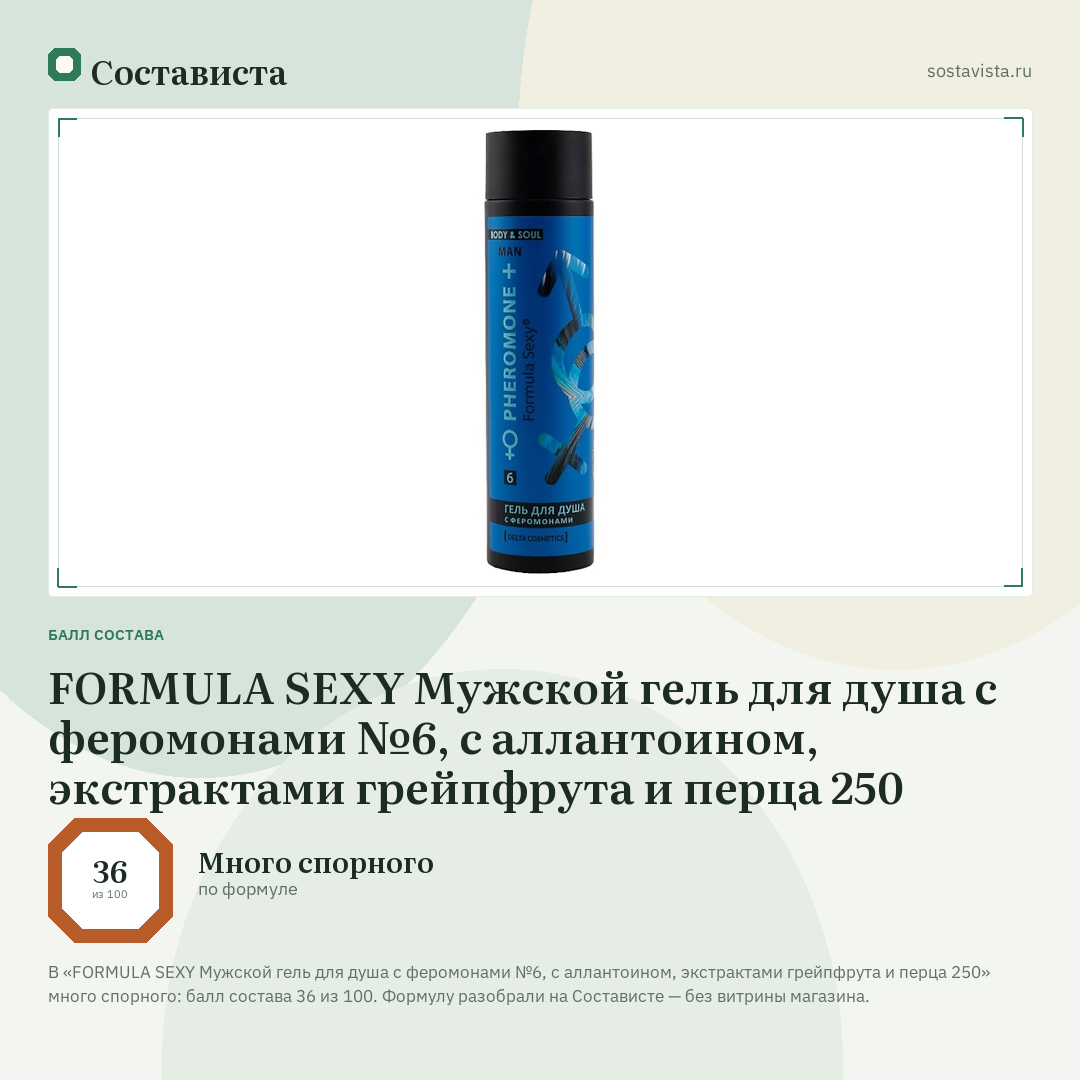 FORMULA SEXY Мужской гель для душа с феромонами №6, с аллантоином, экстрактами грейпфрута и перца 250: балл состава 36 из 100 — Состависта