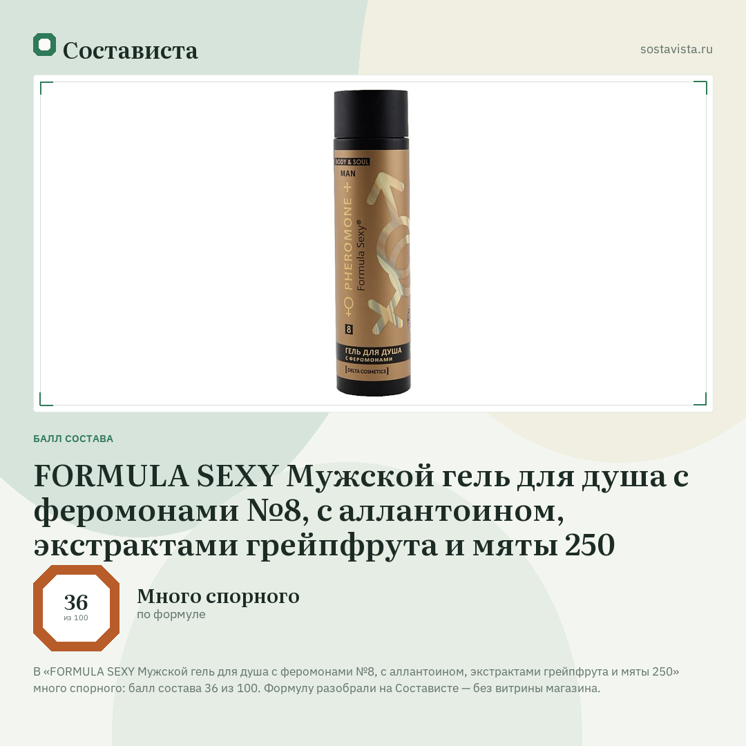 FORMULA SEXY Мужской гель для душа с феромонами №8, с аллантоином, экстрактами грейпфрута и мяты 250: балл состава 36 из 100 — Состависта