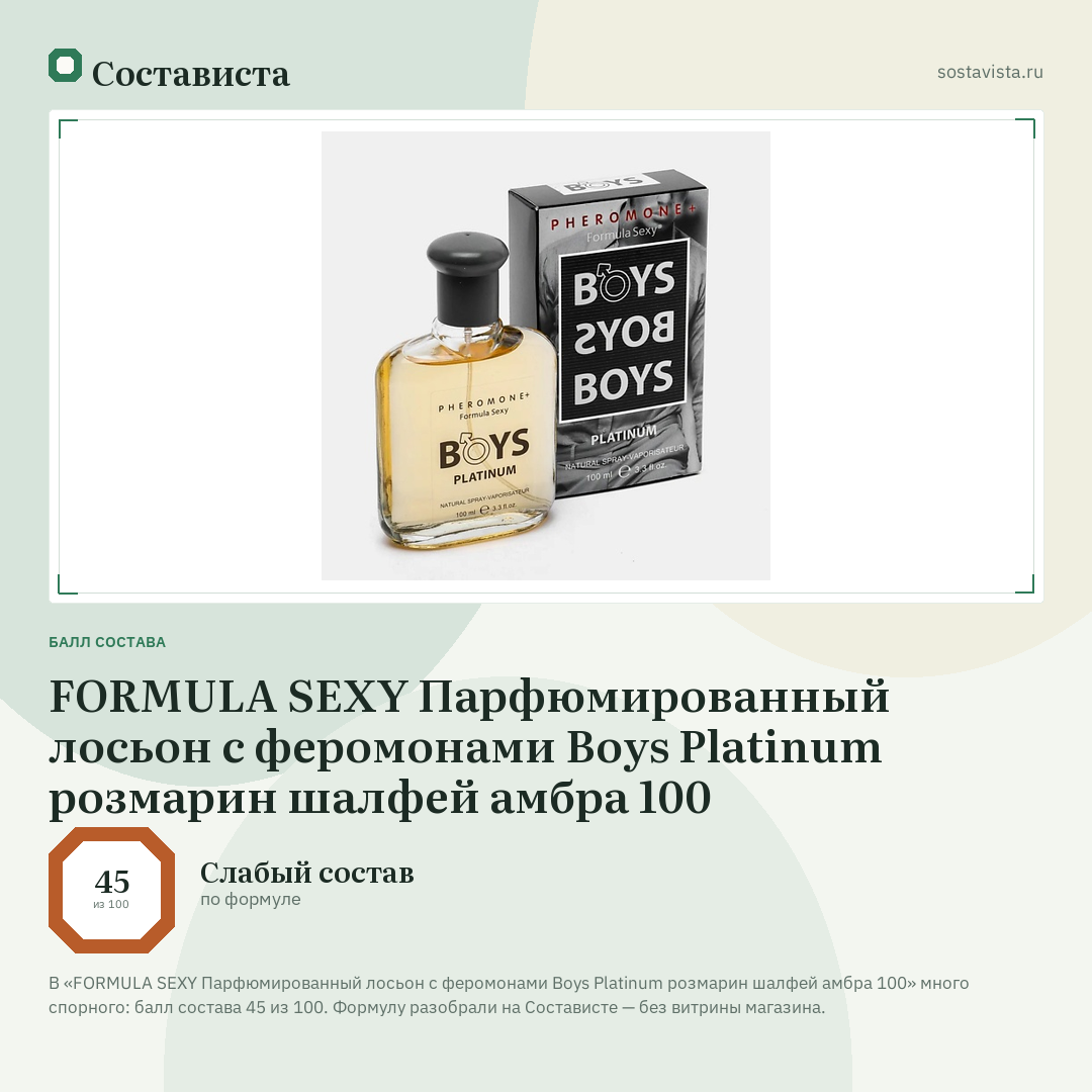 FORMULA SEXY Парфюмированный лосьон с феромонами Boys Platinum розмарин шалфей амбра 100: балл состава 45 из 100 — Состависта