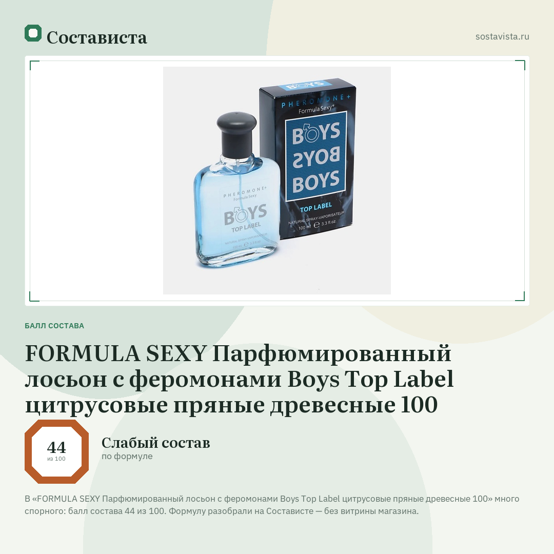 FORMULA SEXY Парфюмированный лосьон с феромонами Boys Top Label цитрусовые пряные древесные 100: балл состава 44 из 100 — Состависта