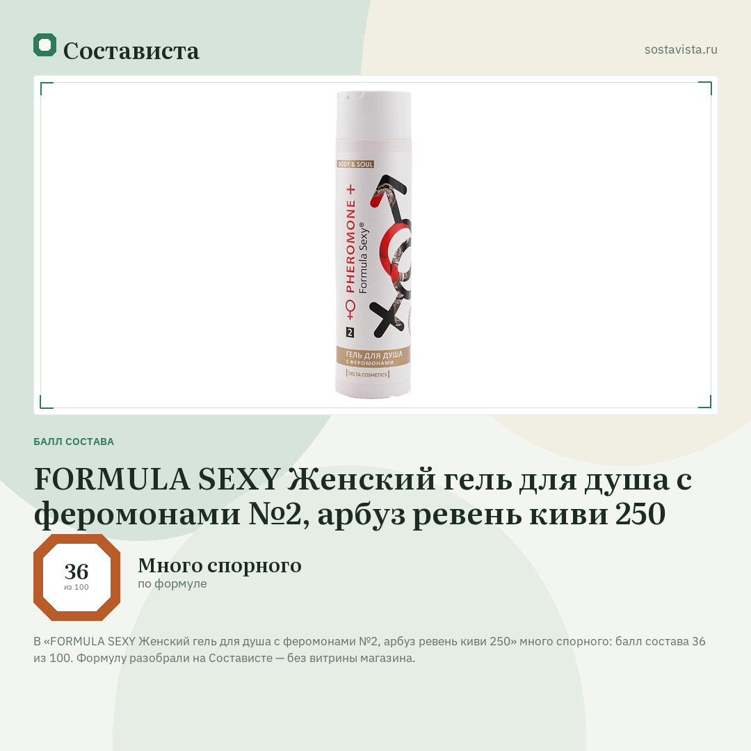 FORMULA SEXY Женский гель для душа с феромонами №2, арбуз ревень киви 250: балл состава 36 из 100 — Состависта