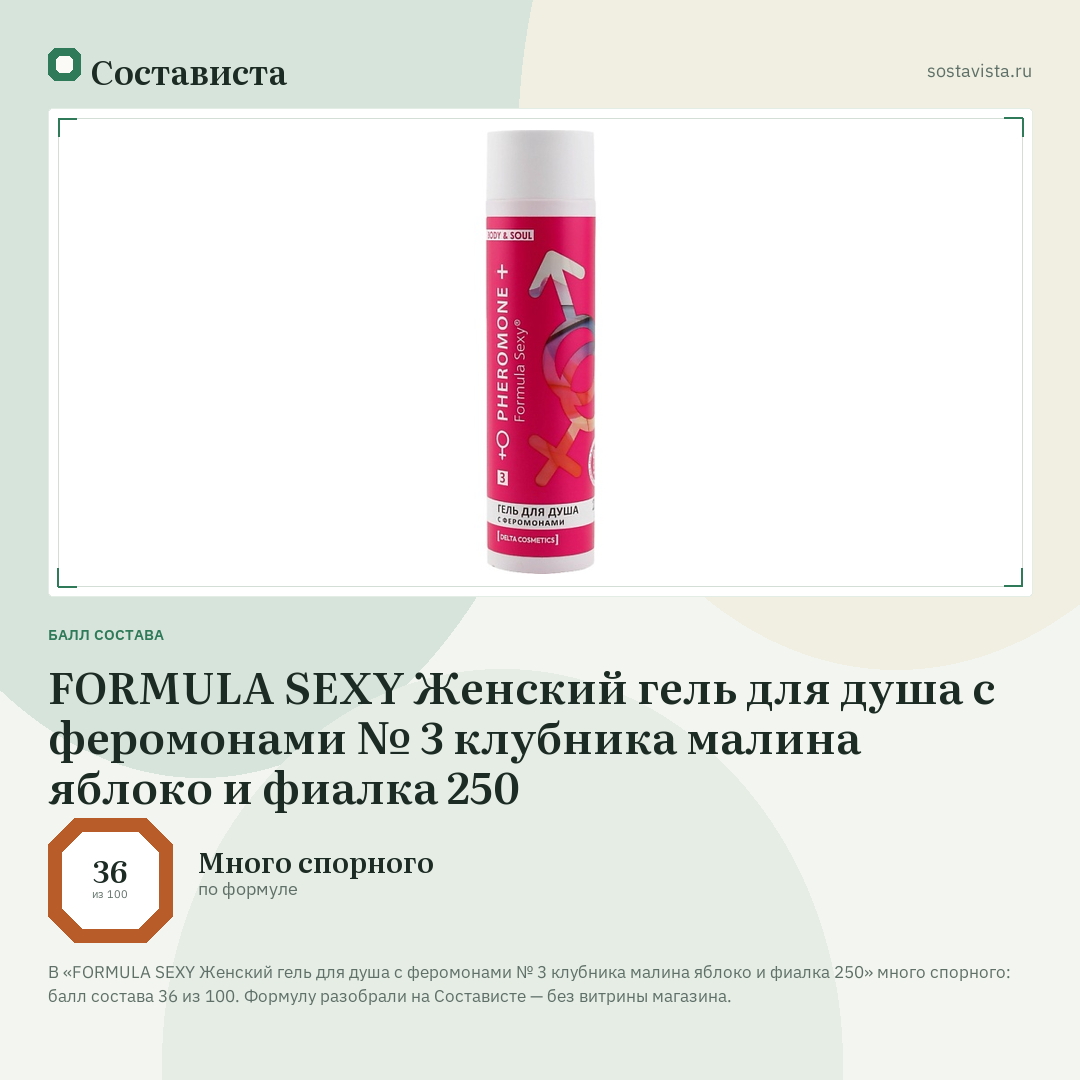 FORMULA SEXY Женский гель для душа с феромонами № 3 клубника малина яблоко и фиалка 250: балл состава 36 из 100 — Состависта