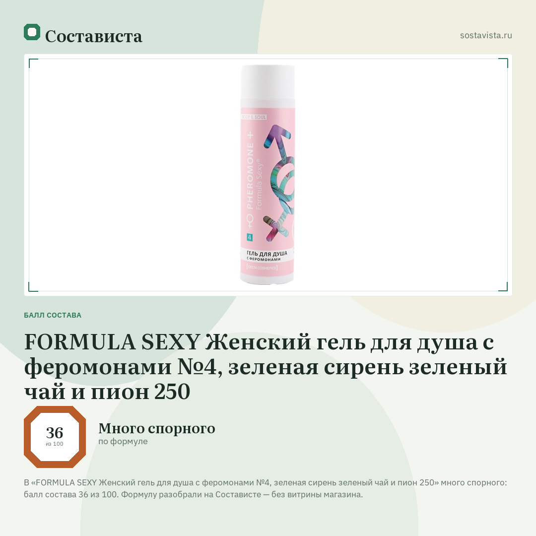 FORMULA SEXY Женский гель для душа с феромонами №4, зеленая сирень зеленый чай и пион 250: балл состава 36 из 100 — Состависта