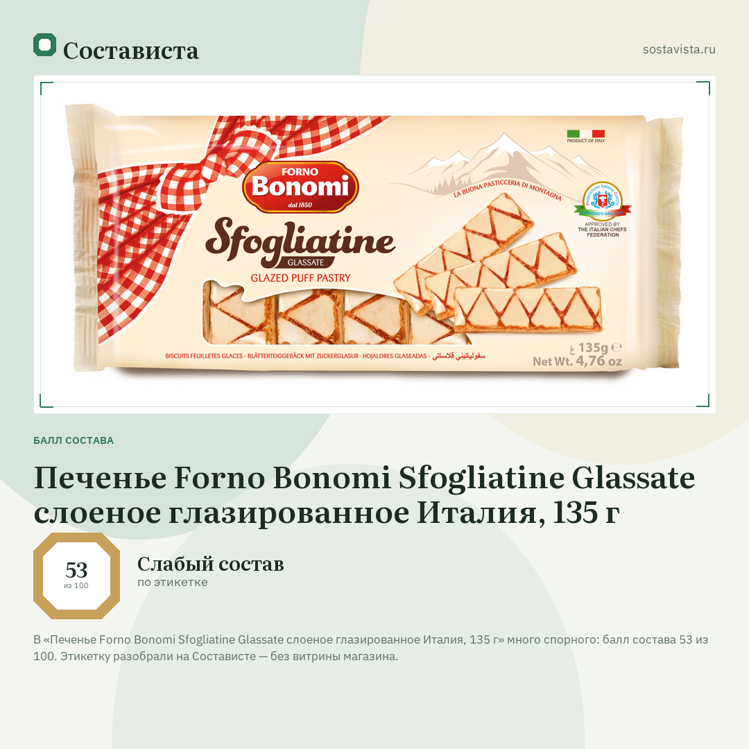 Печенье Forno Bonomi Sfogliatine Glassate слоеное глазированное Италия, 135 г: балл состава 53 из 100 — Состависта