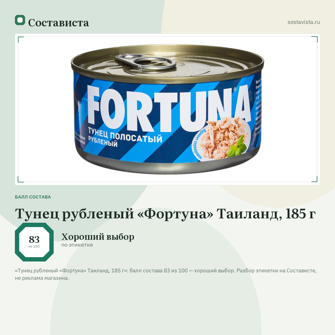 Тунец рубленый «Фортуна» Таиланд, 185 г: балл состава 83 из 100 — Состависта