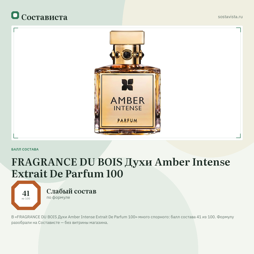 FRAGRANCE DU BOIS Духи Amber Intense Extrait De Parfum 100: балл состава 41 из 100 — Состависта