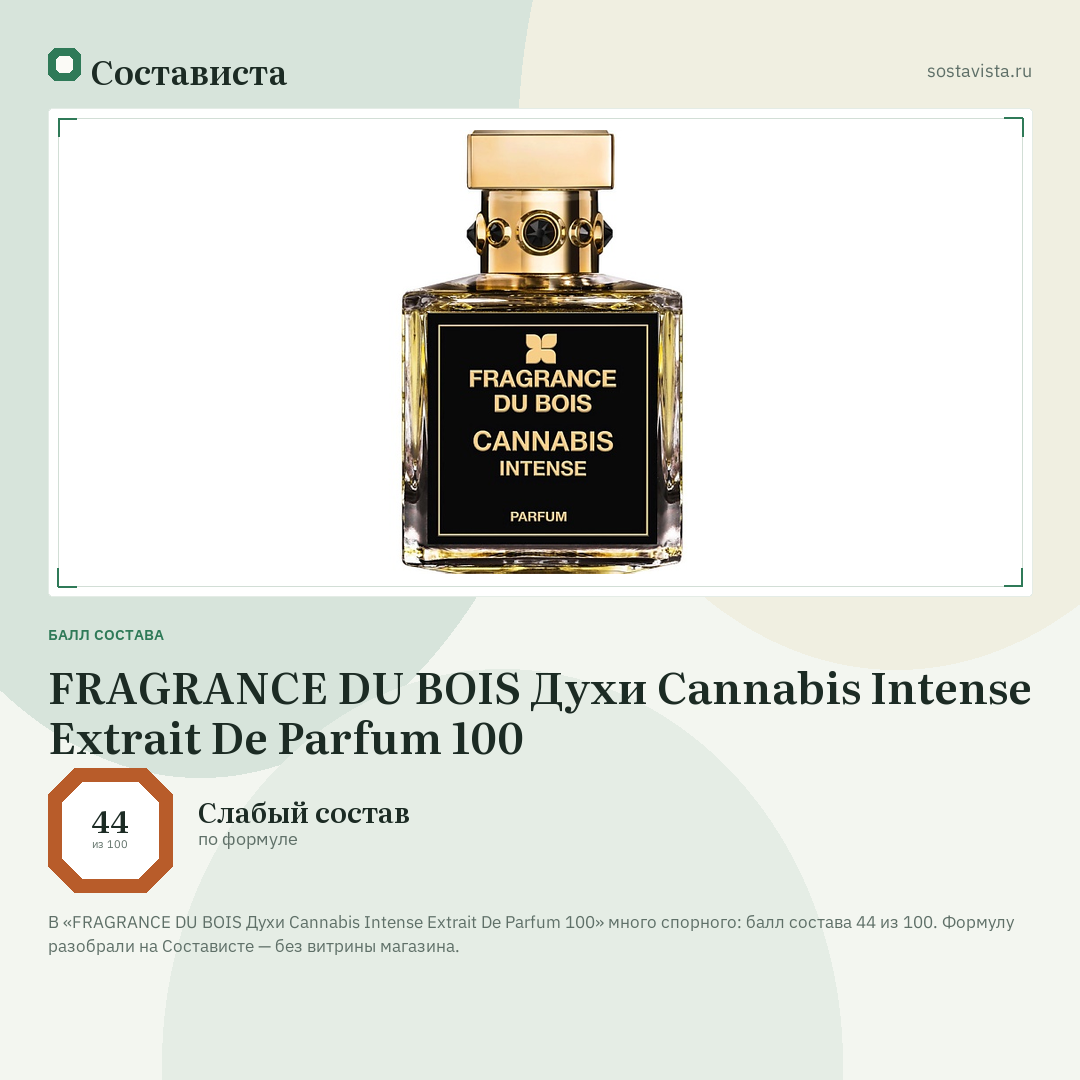 FRAGRANCE DU BOIS Духи Cannabis Intense Extrait De Parfum 100: балл состава 44 из 100 — Состависта
