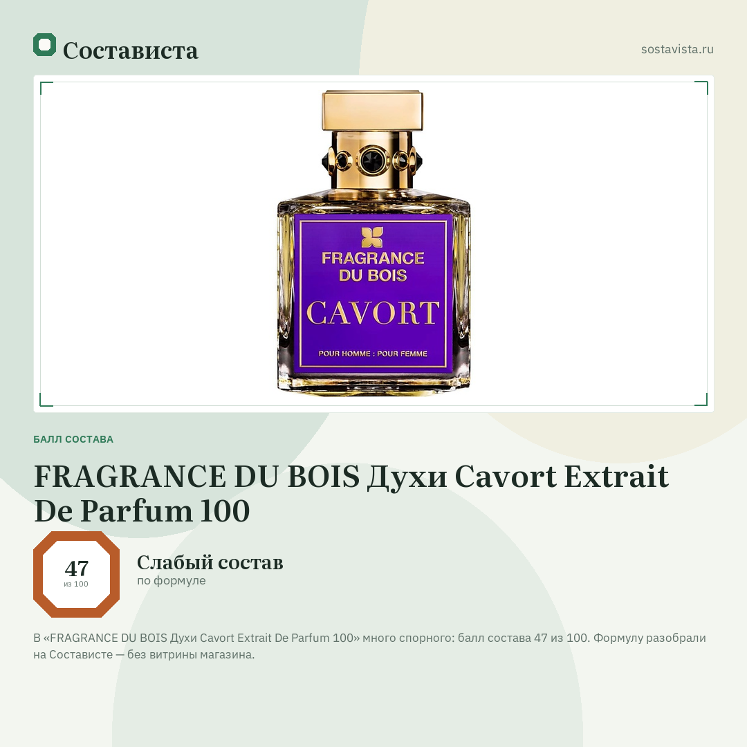 FRAGRANCE DU BOIS Духи Cavort Extrait De Parfum 100: балл состава 47 из 100 — Состависта