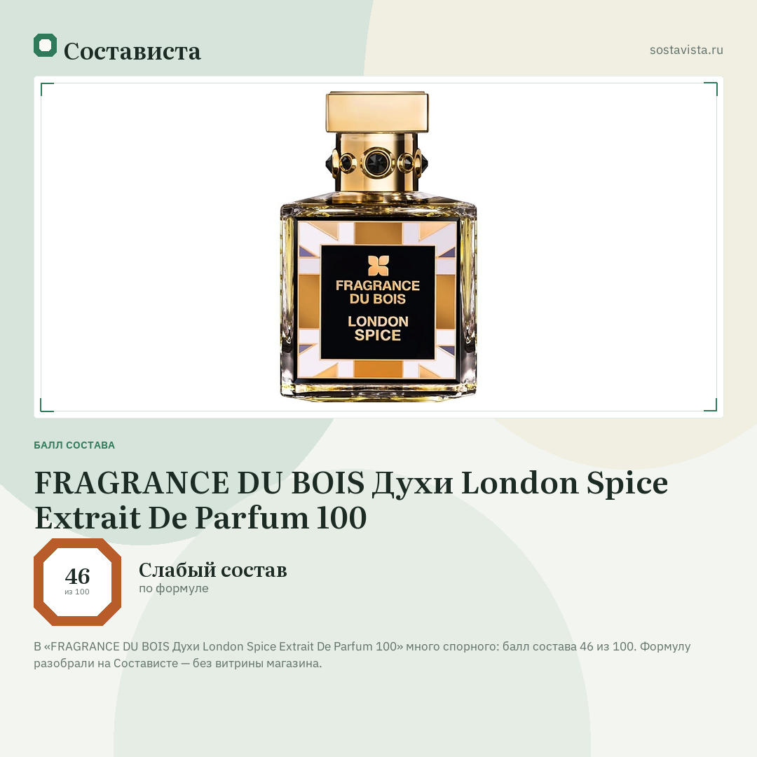 FRAGRANCE DU BOIS Духи London Spice Extrait De Parfum 100: балл состава 46 из 100 — Состависта