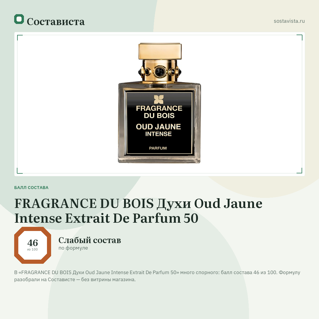 FRAGRANCE DU BOIS Духи Oud Jaune Intense Extrait De Parfum 50: балл состава 46 из 100 — Состависта