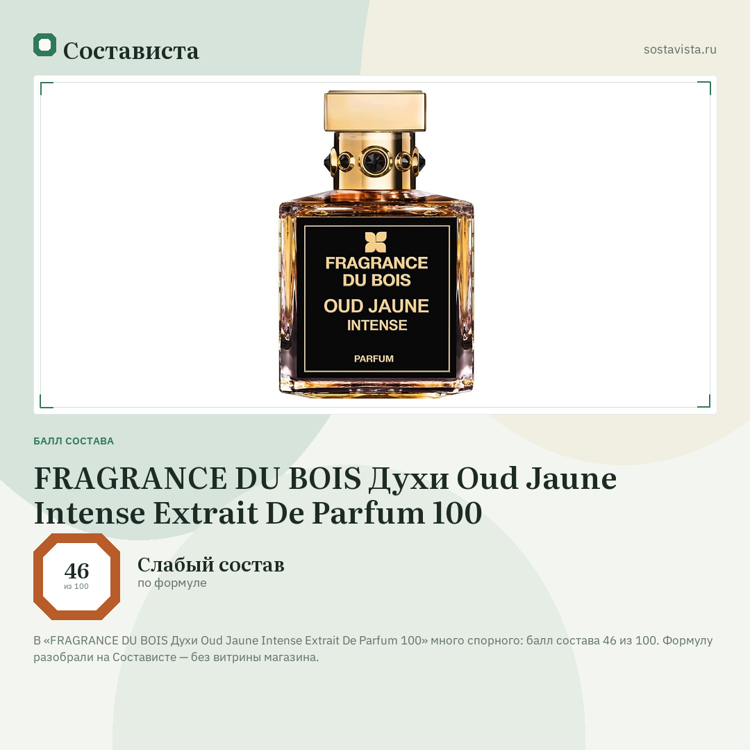 FRAGRANCE DU BOIS Духи Oud Jaune Intense Extrait De Parfum 100: балл состава 46 из 100 — Состависта