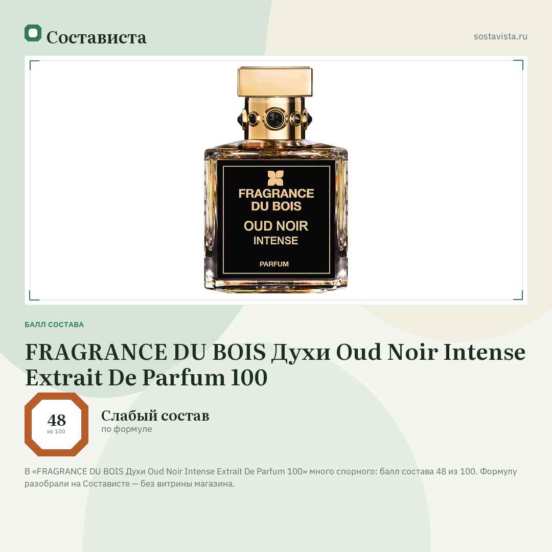 FRAGRANCE DU BOIS Духи Oud Noir Intense Extrait De Parfum 100: балл состава 48 из 100 — Состависта