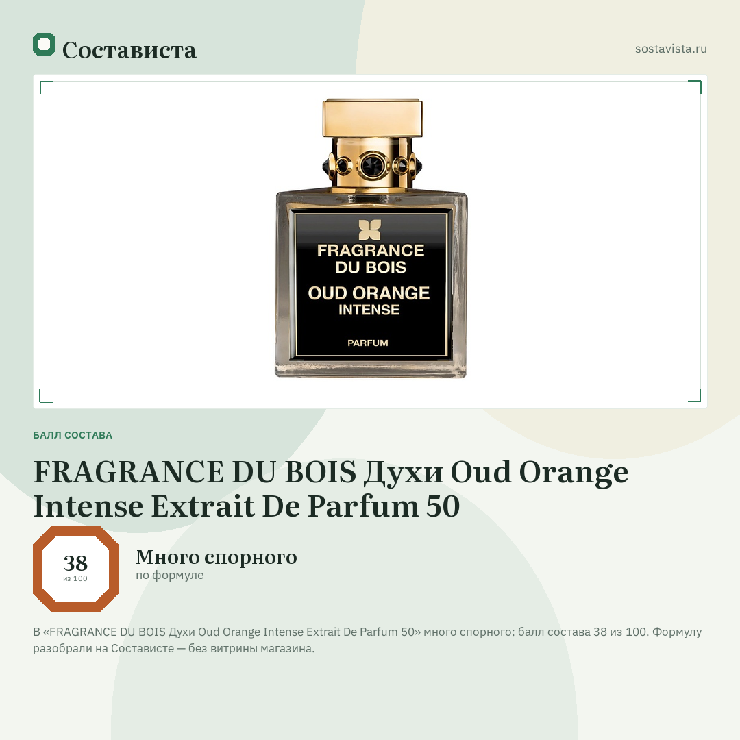 FRAGRANCE DU BOIS Духи Oud Orange Intense Extrait De Parfum 50: балл состава 38 из 100 — Состависта