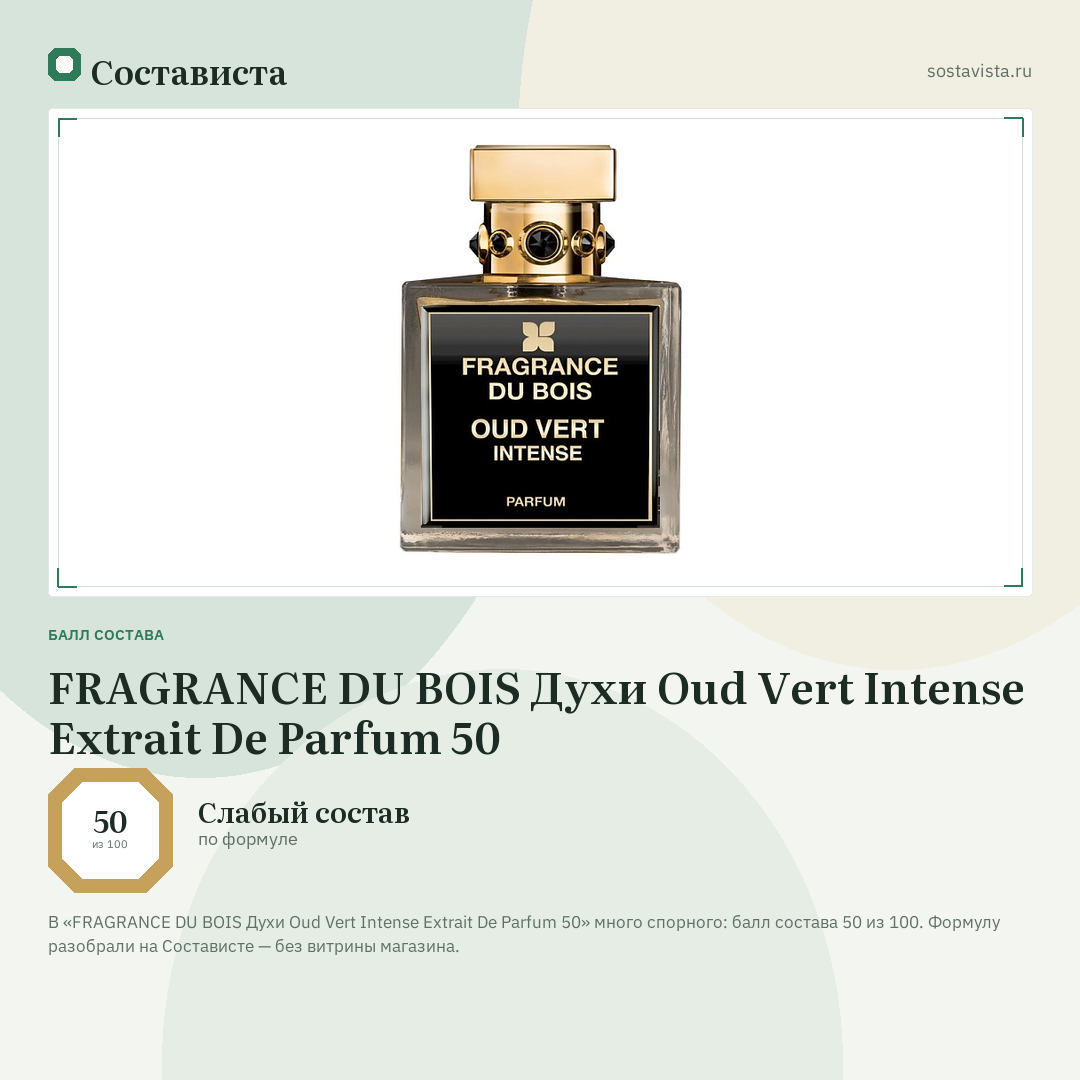 FRAGRANCE DU BOIS Духи Oud Vert Intense Extrait De Parfum 50: балл состава 50 из 100 — Состависта
