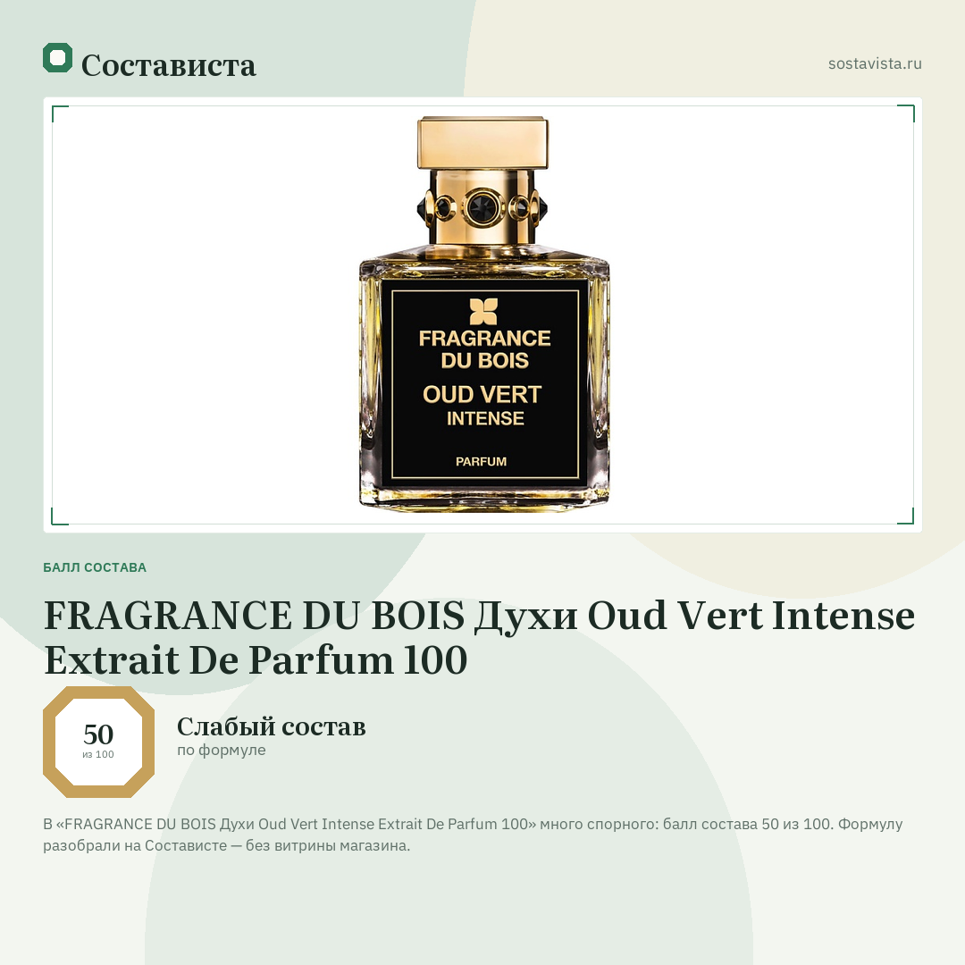 FRAGRANCE DU BOIS Духи Oud Vert Intense Extrait De Parfum 100: балл состава 50 из 100 — Состависта