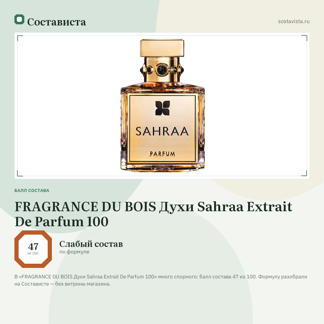 FRAGRANCE DU BOIS Духи Sahraa Extrait De Parfum 100: балл состава 47 из 100 — Состависта