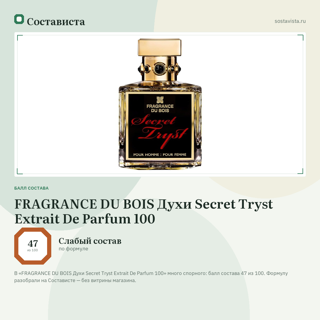 FRAGRANCE DU BOIS Духи Secret Tryst Extrait De Parfum 100: балл состава 47 из 100 — Состависта