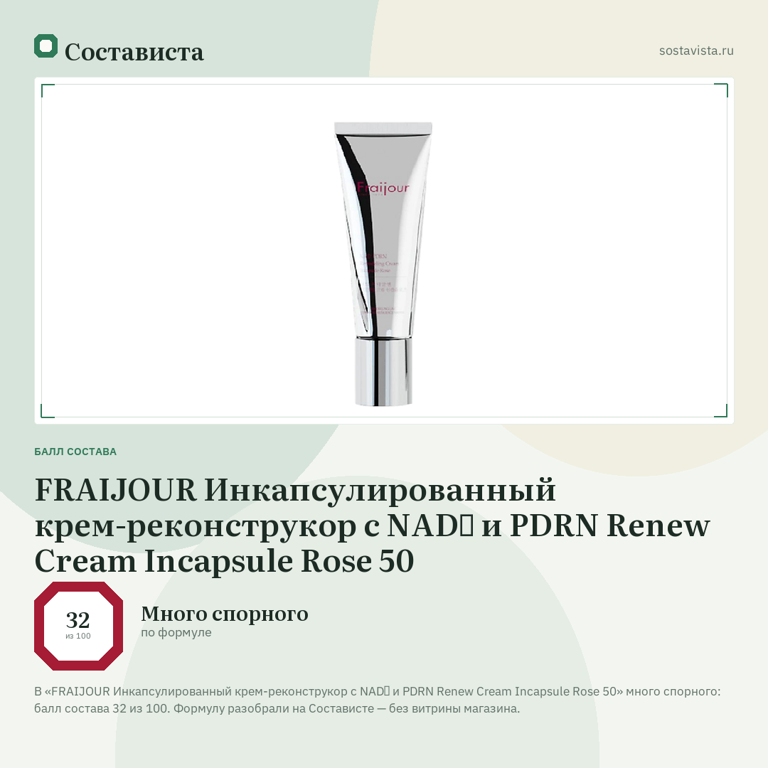 FRAIJOUR Инкапсулированный крем-реконструкор с NAD⁺ и PDRN Renew Cream Incapsule Rose 50: балл состава 32 из 100 — Состависта