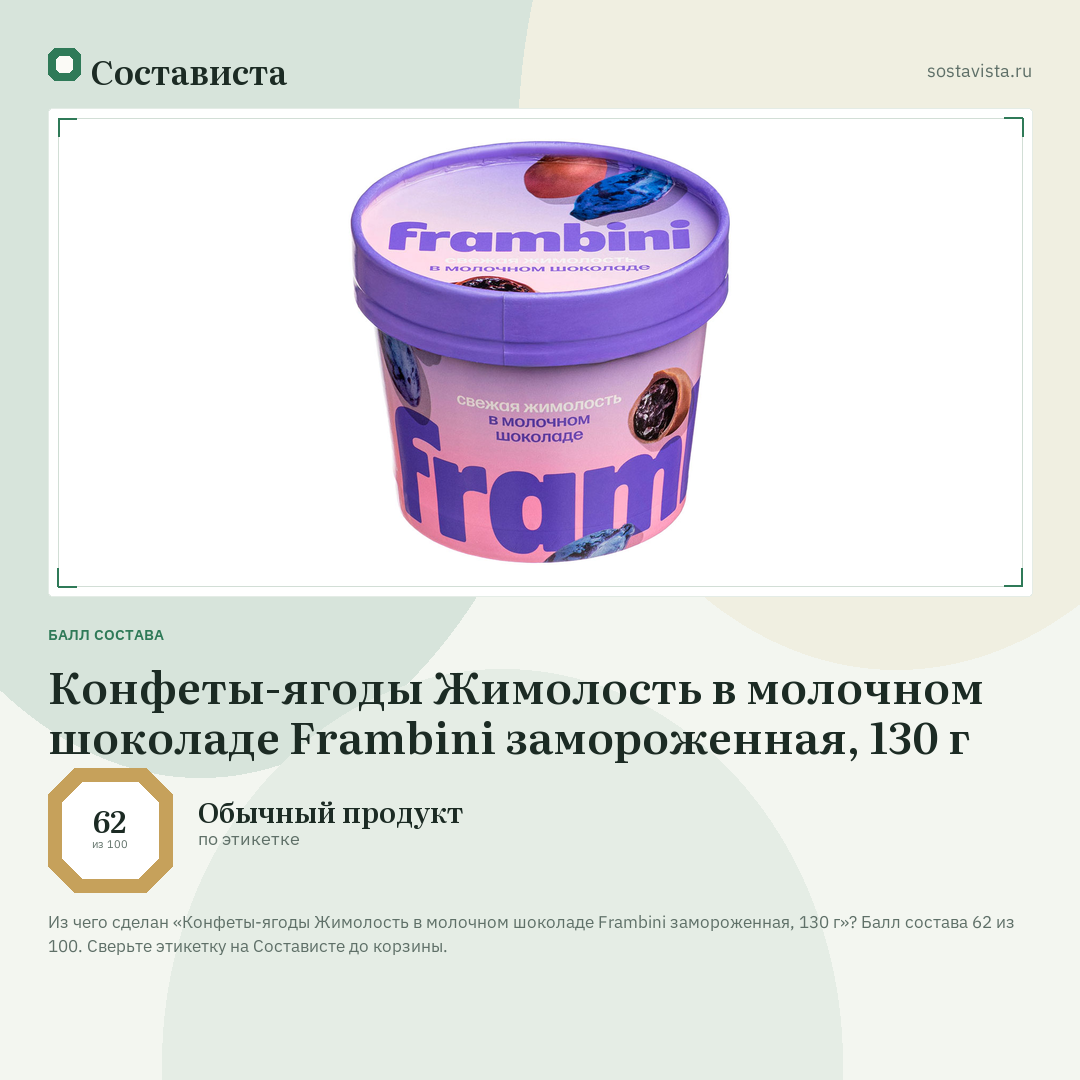 Конфеты-ягоды Жимолость в молочном шоколаде Frambini замороженная, 130 г: балл состава 62 из 100 — Состависта
