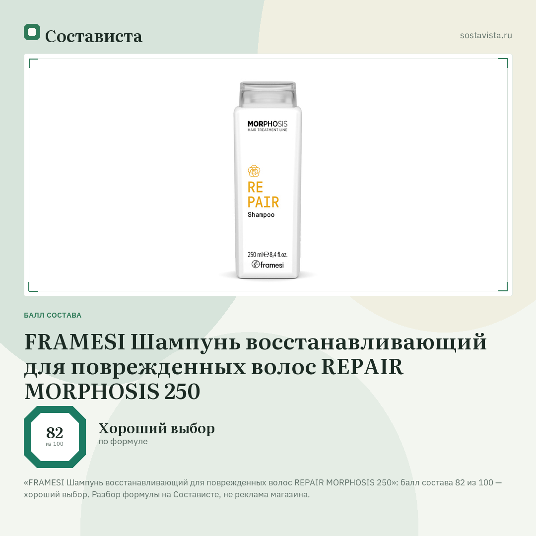 FRAMESI Шампунь восстанавливающий для поврежденных волос REPAIR MORPHOSIS 250: балл состава 82 из 100 — Состависта