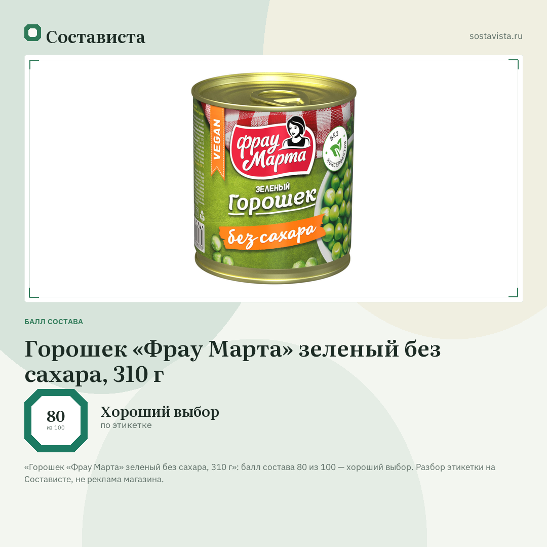 Горошек «Фрау Марта» зеленый без сахара, 310 г: балл состава 80 из 100 — Состависта