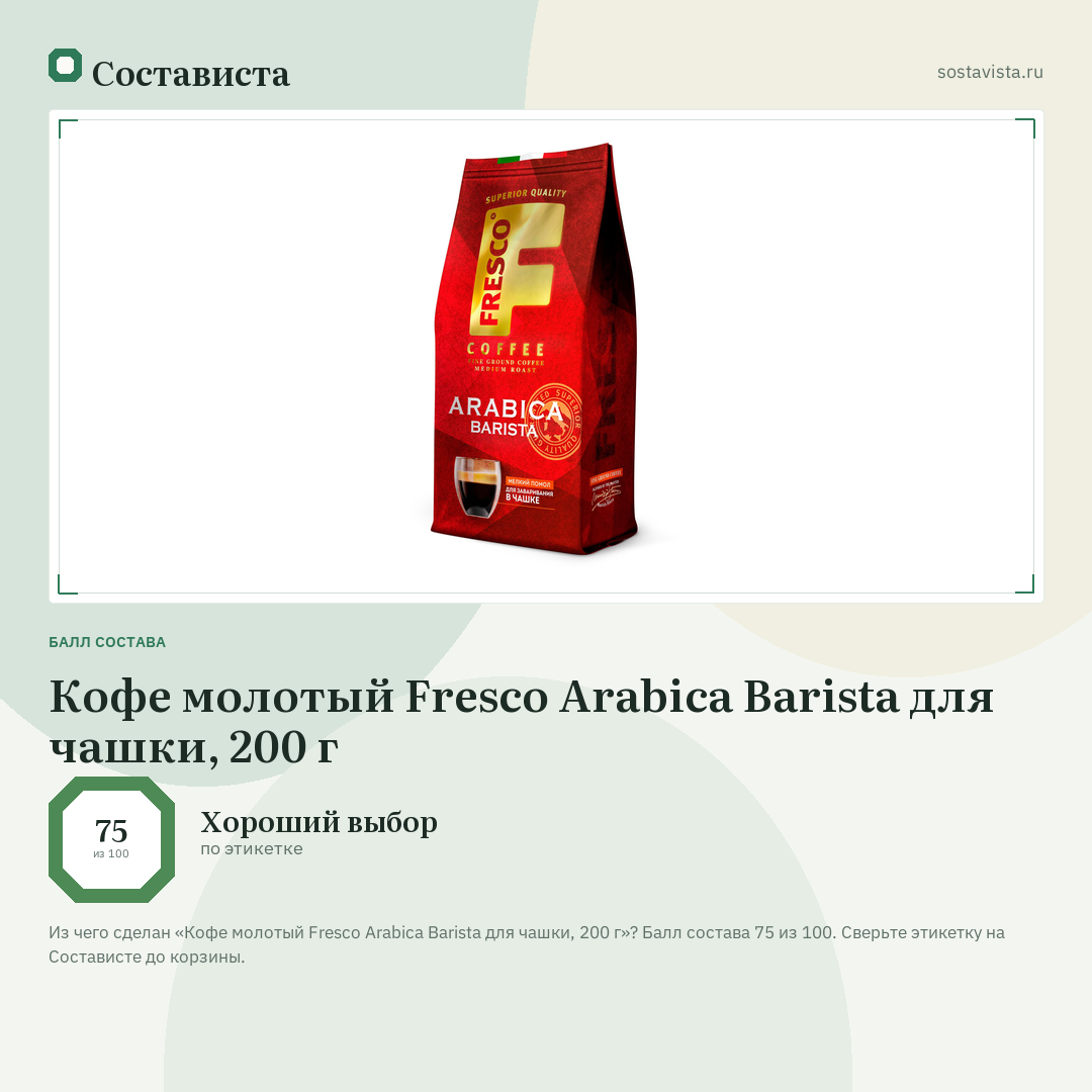 Кофе молотый Fresco Arabica Barista для чашки, 200 г: балл состава 75 из 100 — Состависта