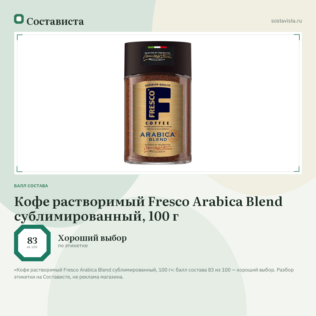Кофе растворимый Fresco Arabica Blend сублимированный, 100 г: балл состава 83 из 100 — Состависта