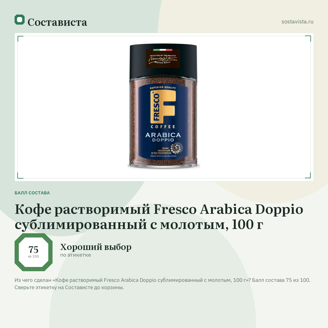 Кофе растворимый Fresco Arabica Doppio сублимированный с молотым, 100 г: балл состава 75 из 100 — Состависта