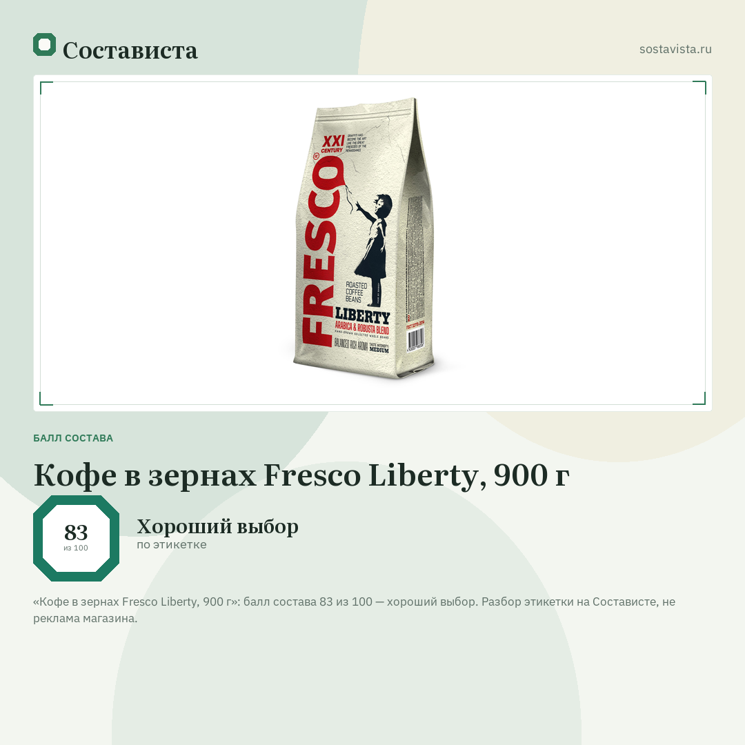 Кофе в зернах Fresco Liberty, 900 г: балл состава 83 из 100 — Состависта
