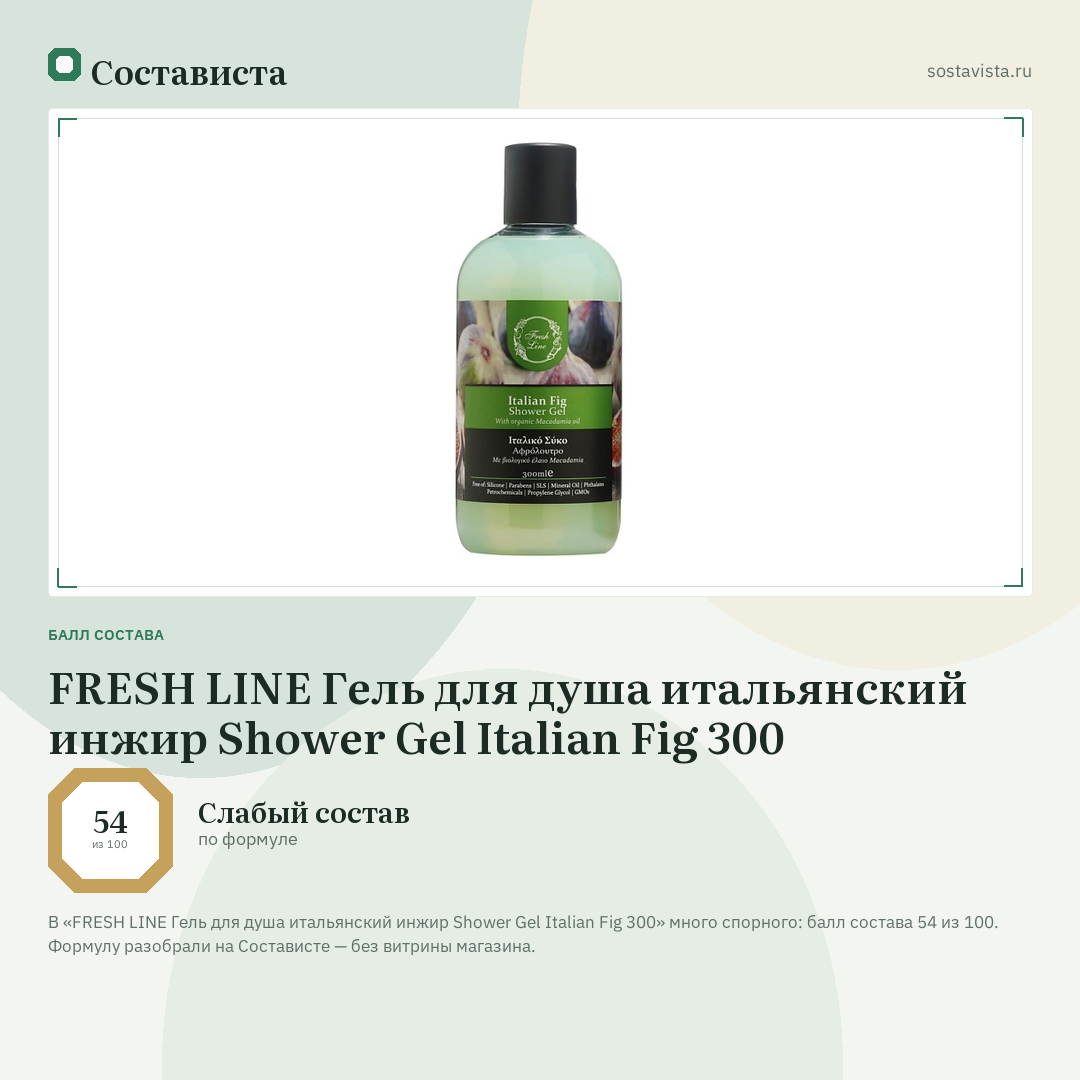 FRESH LINE Гель для душа итальянский инжир Shower Gel Italian Fig 300: балл состава 54 из 100 — Состависта