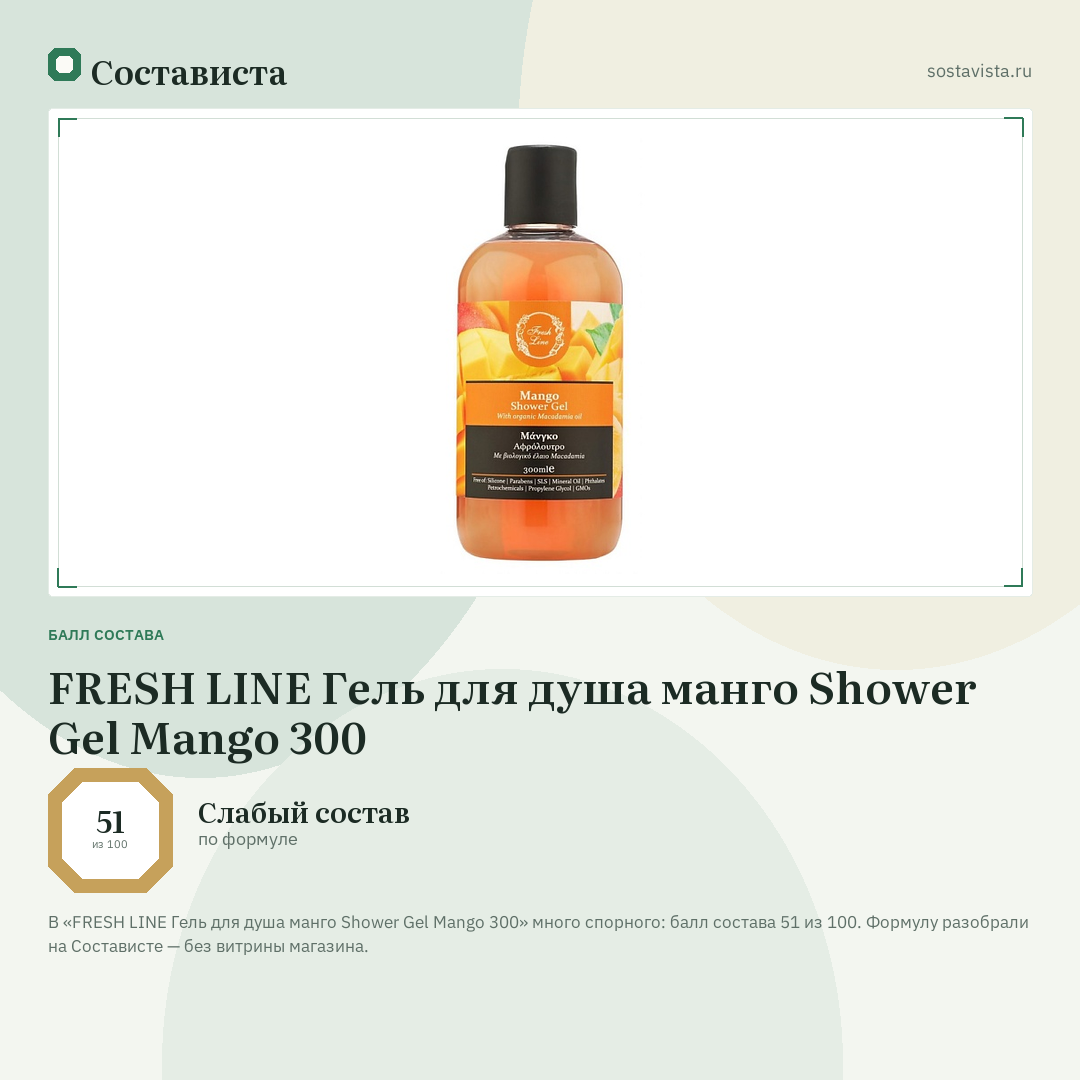 FRESH LINE Гель для душа манго Shower Gel Mango 300: балл состава 51 из 100 — Состависта