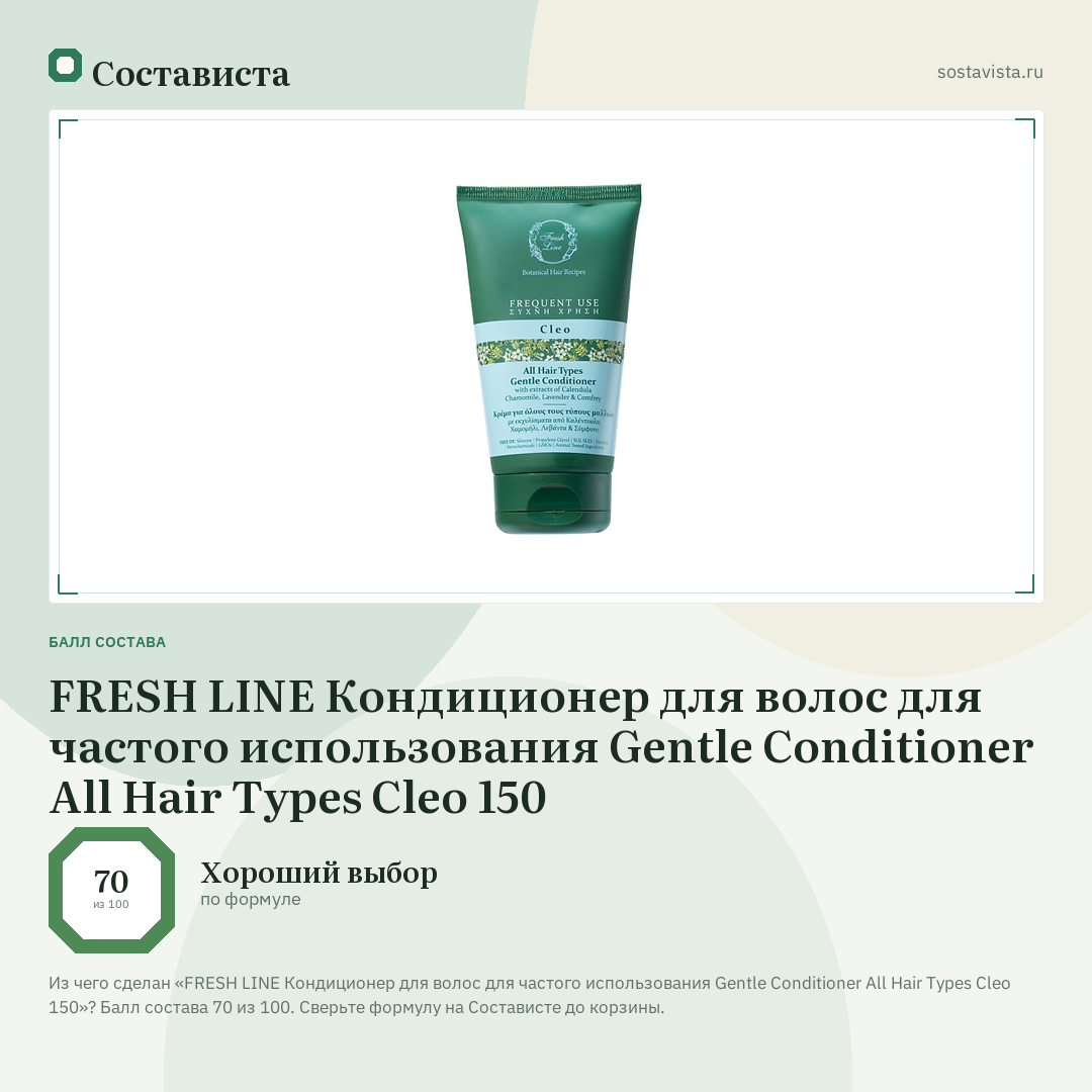 FRESH LINE Кондиционер для волос для частого использования Gentle Conditioner All Hair Types Cleo 150: балл состава 70 из 100 — Состависта