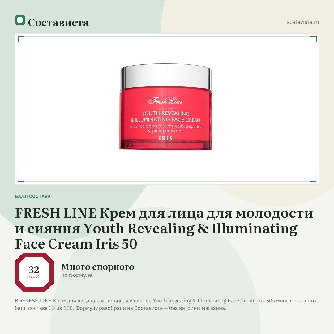 FRESH LINE Крем для лица для молодости и сияния Youth Revealing & Illuminating Face Cream Iris 50: балл состава 32 из 100 — Состависта