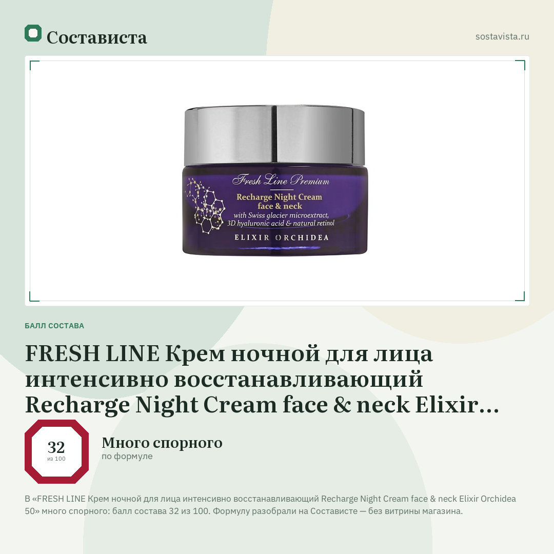 FRESH LINE Крем ночной для лица интенсивно восстанавливающий Recharge Night Cream face & neck Elixir Orchidea 50: балл состава 32 из 100 — Состависта