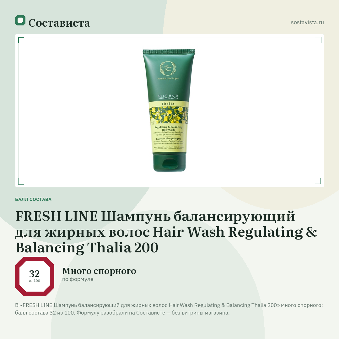 FRESH LINE Шампунь балансирующий для жирных волос Hair Wash Regulating & Balancing Thalia 200: балл состава 32 из 100 — Состависта
