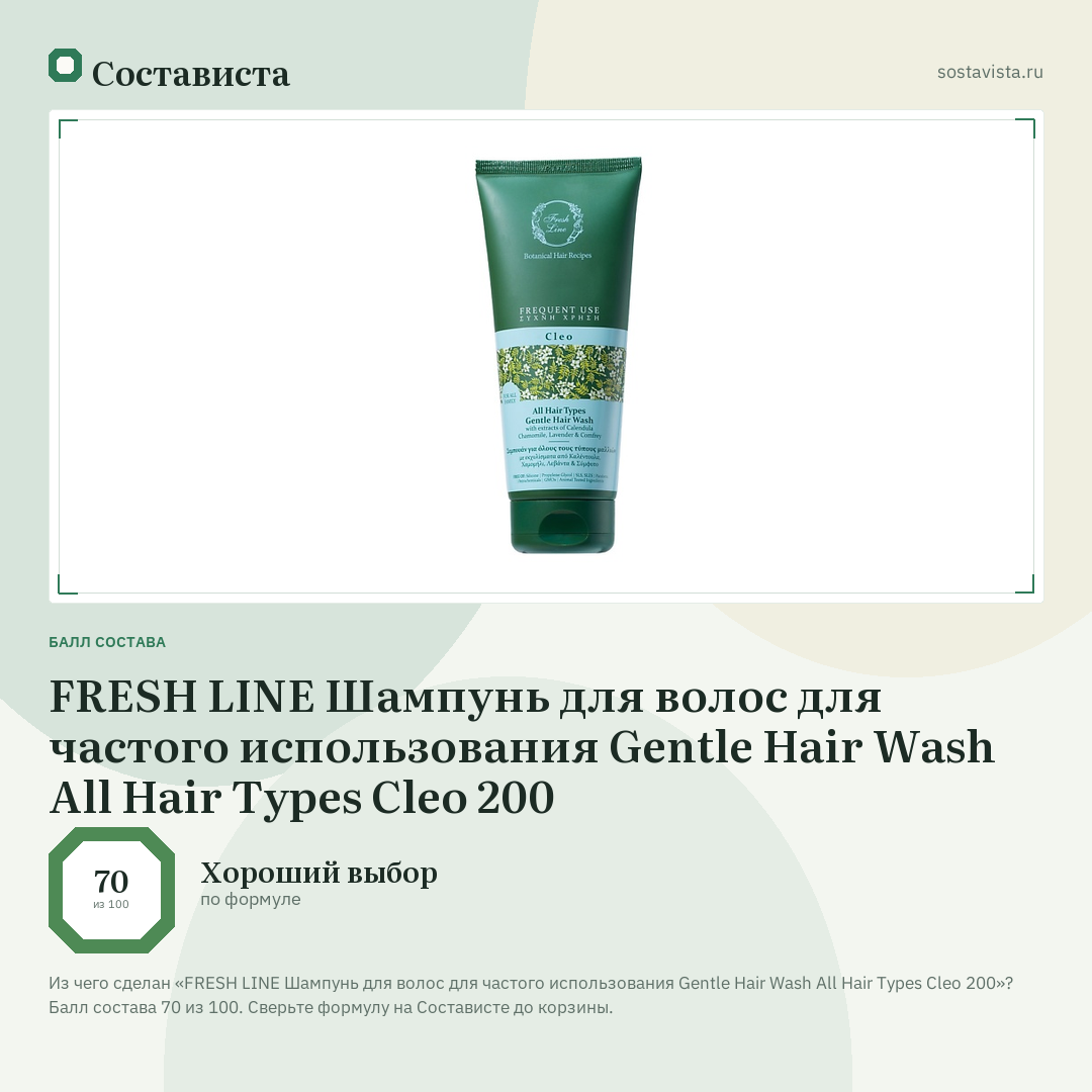 FRESH LINE Шампунь для волос для частого использования Gentle Hair Wash All Hair Types Cleo 200: балл состава 70 из 100 — Состависта