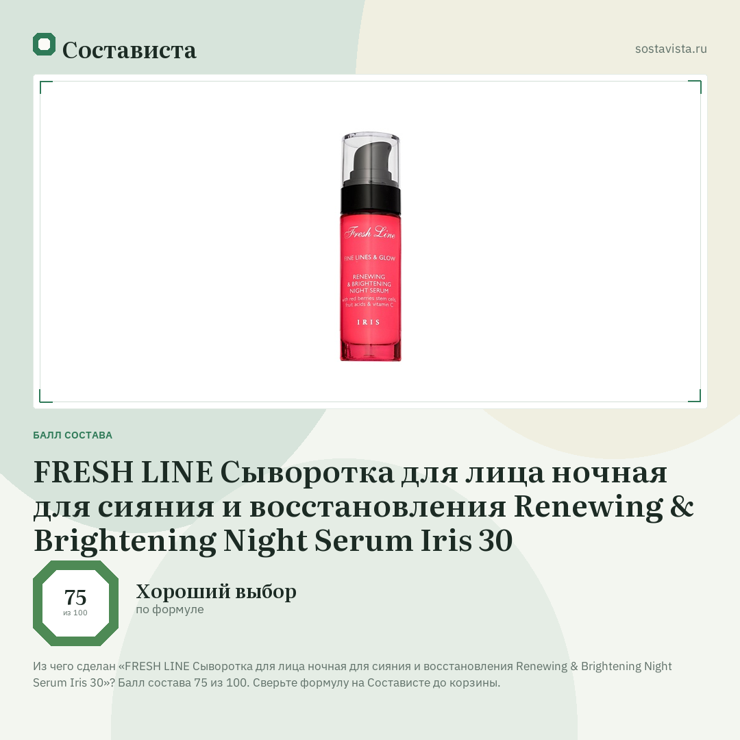 FRESH LINE Сыворотка для лица ночная для сияния и восстановления Renewing & Brightening Night Serum Iris 30: балл состава 75 из 100 — Состависта