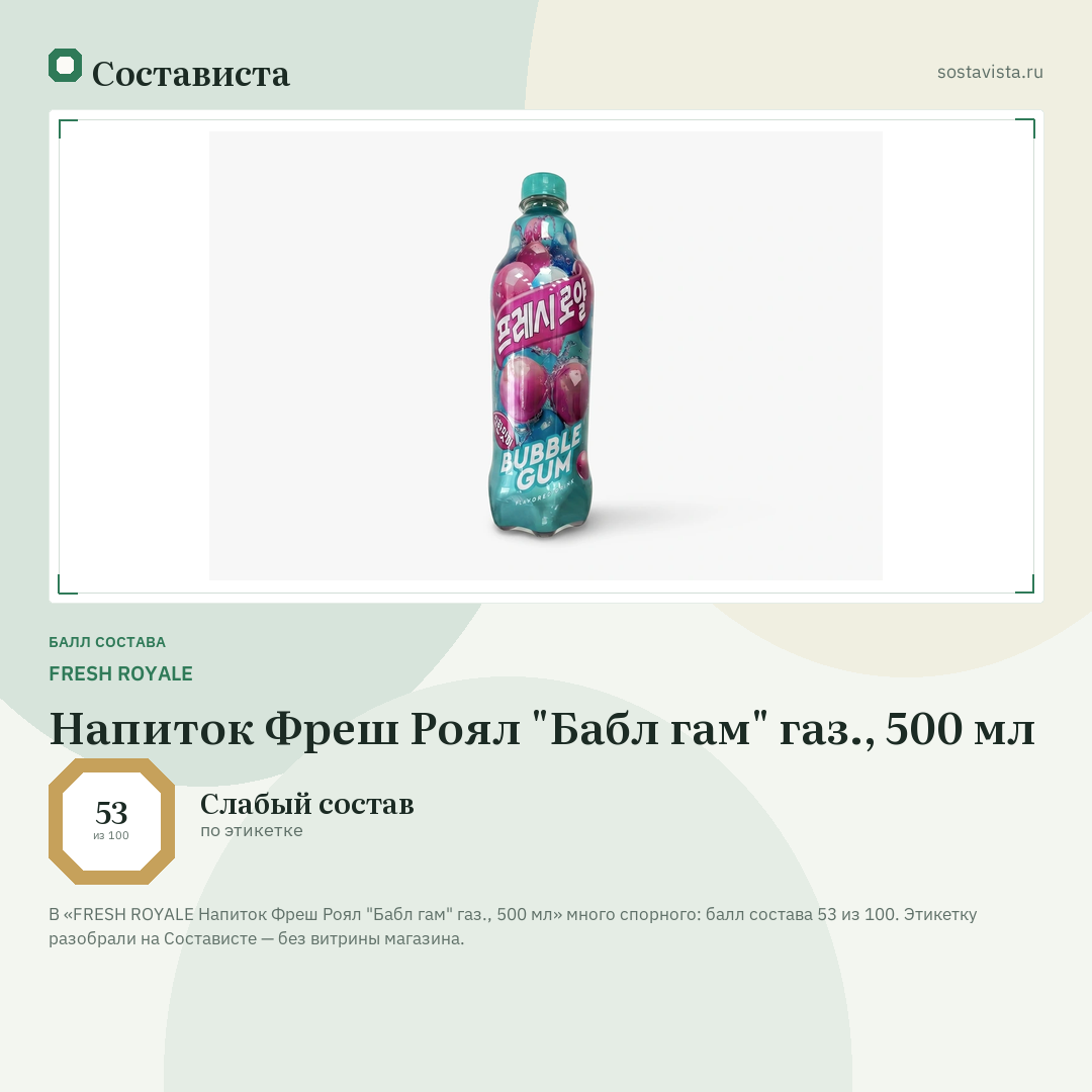 FRESH ROYALE Напиток Фреш Роял "Бабл гам" газ., 500 мл: балл состава 53 из 100 — Состависта