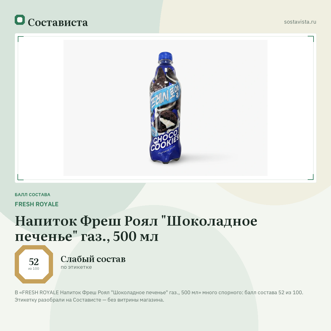 FRESH ROYALE Напиток Фреш Роял "Шоколадное печенье" газ., 500 мл: балл состава 52 из 100 — Состависта