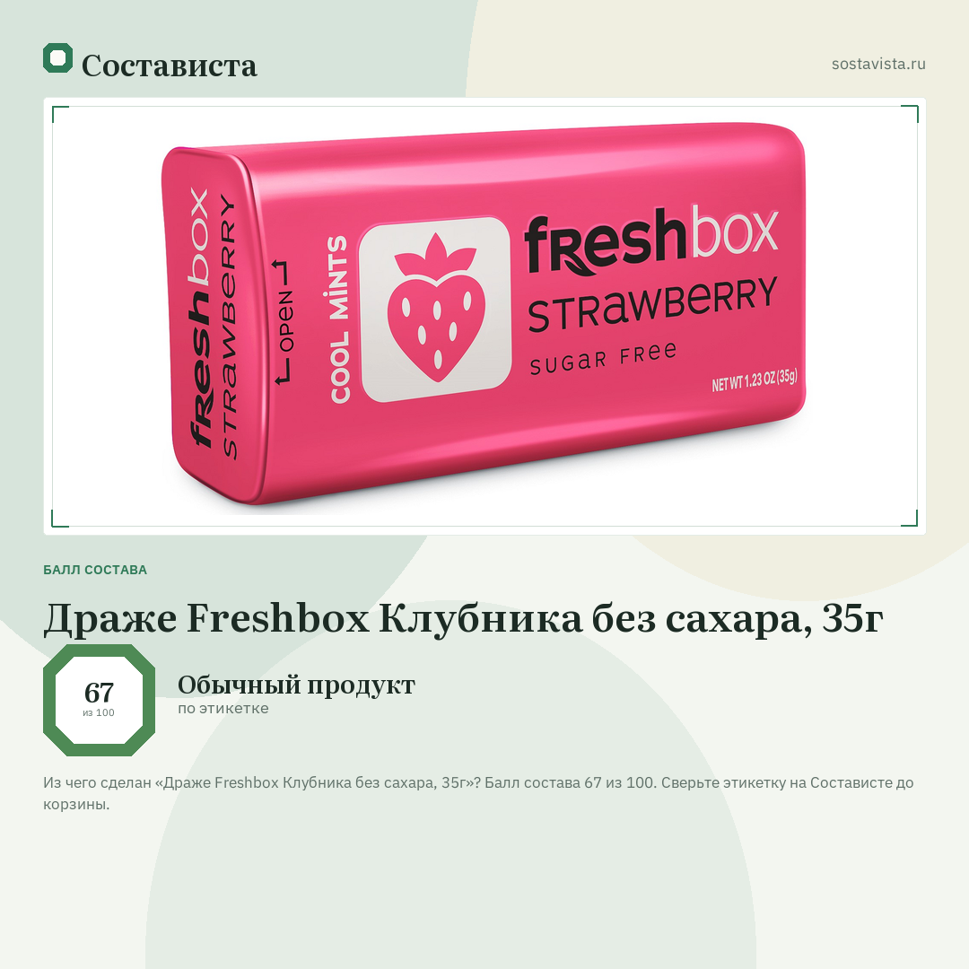 Драже Freshbox Клубника без сахара, 35г: балл состава 67 из 100 — Состависта