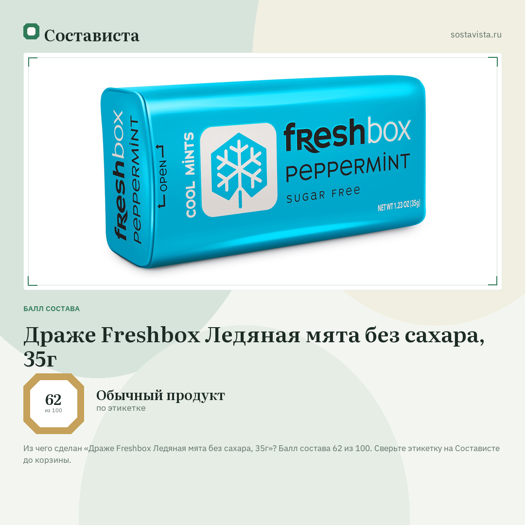 Драже Freshbox Ледяная мята без сахара, 35г: балл состава 62 из 100 — Состависта