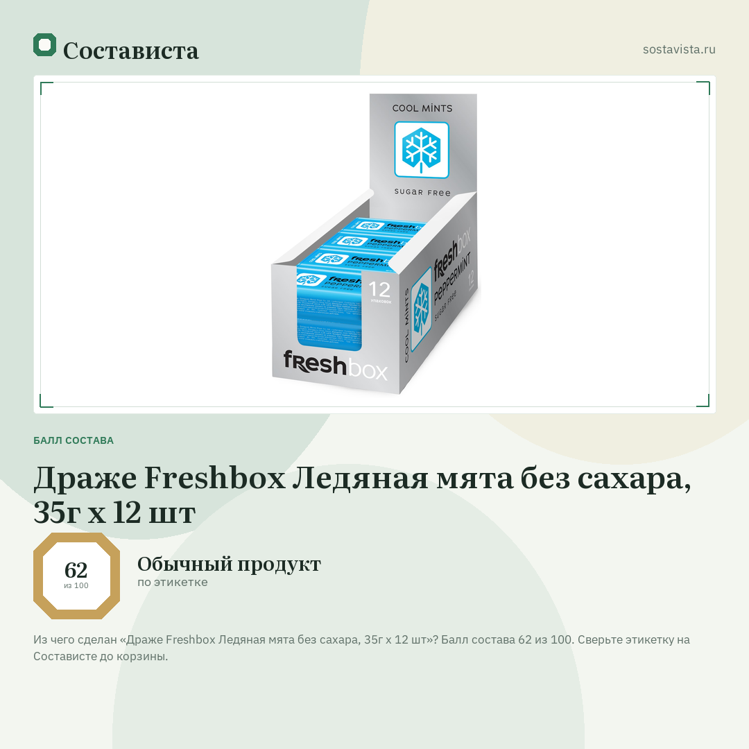 Драже Freshbox Ледяная мята без сахара, 35г x 12 шт: балл состава 62 из 100 — Состависта