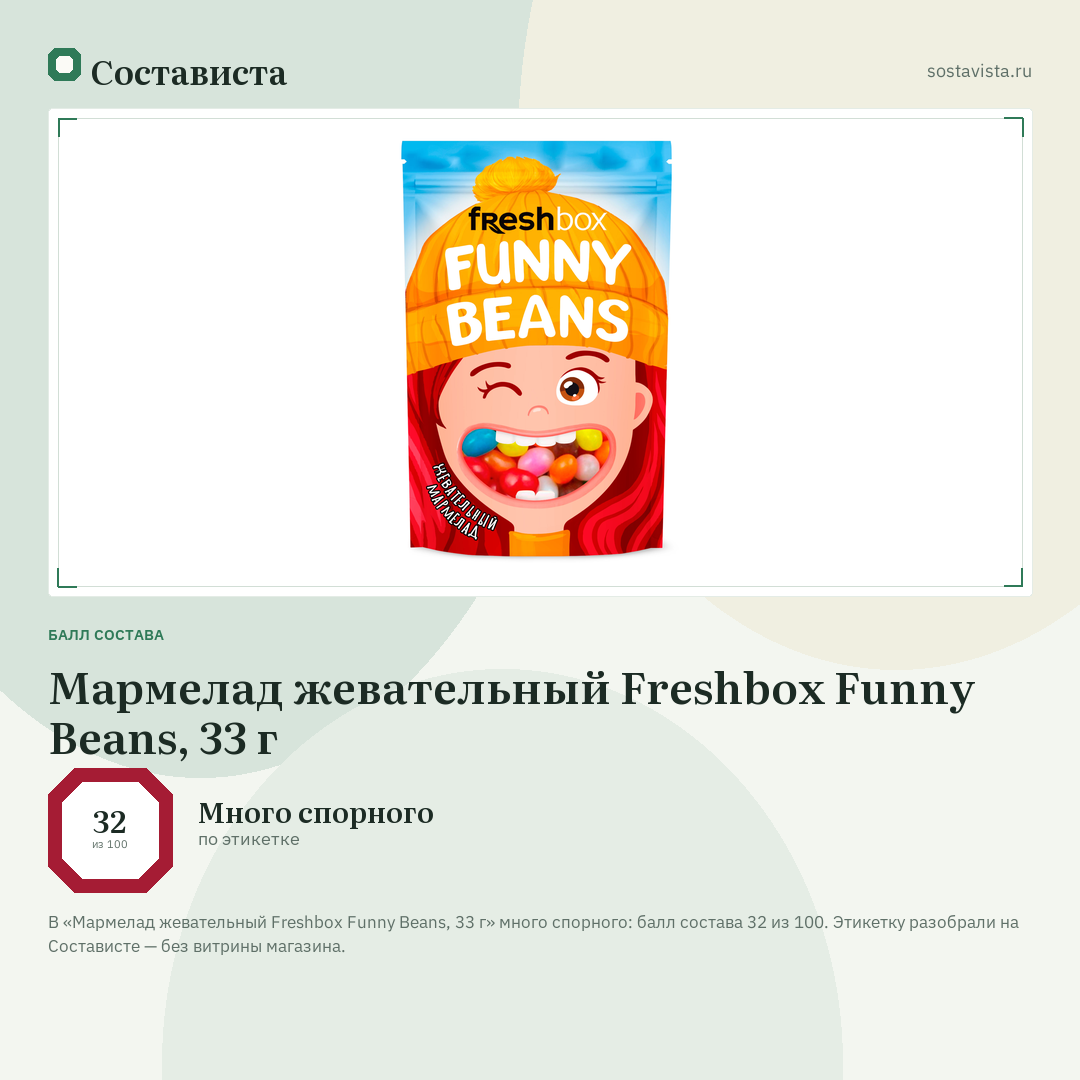 Мармелад жевательный Freshbox Funny Beans, 33 г: балл состава 32 из 100 — Состависта