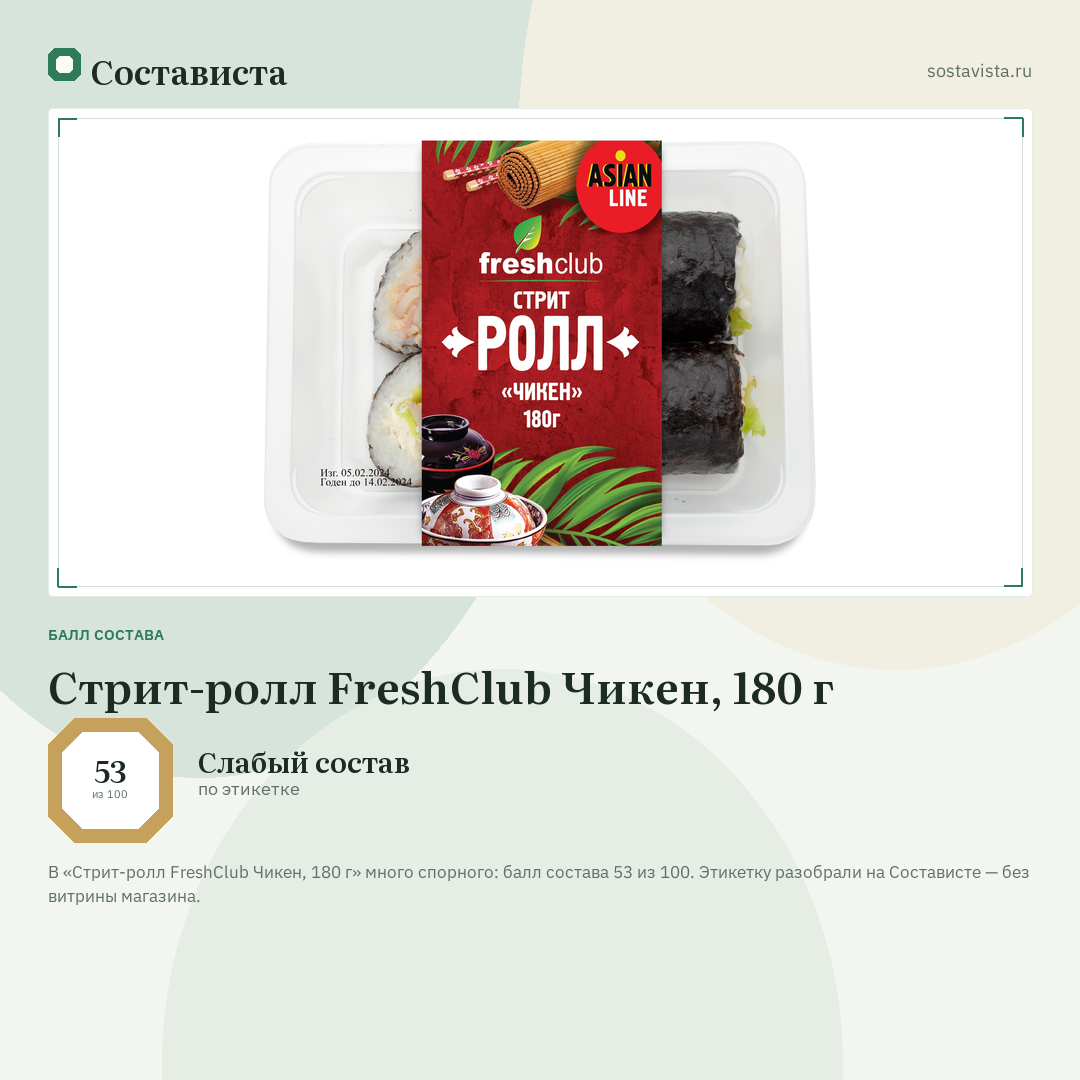 Стрит-ролл FreshClub Чикен, 180 г: балл состава 53 из 100 — Состависта