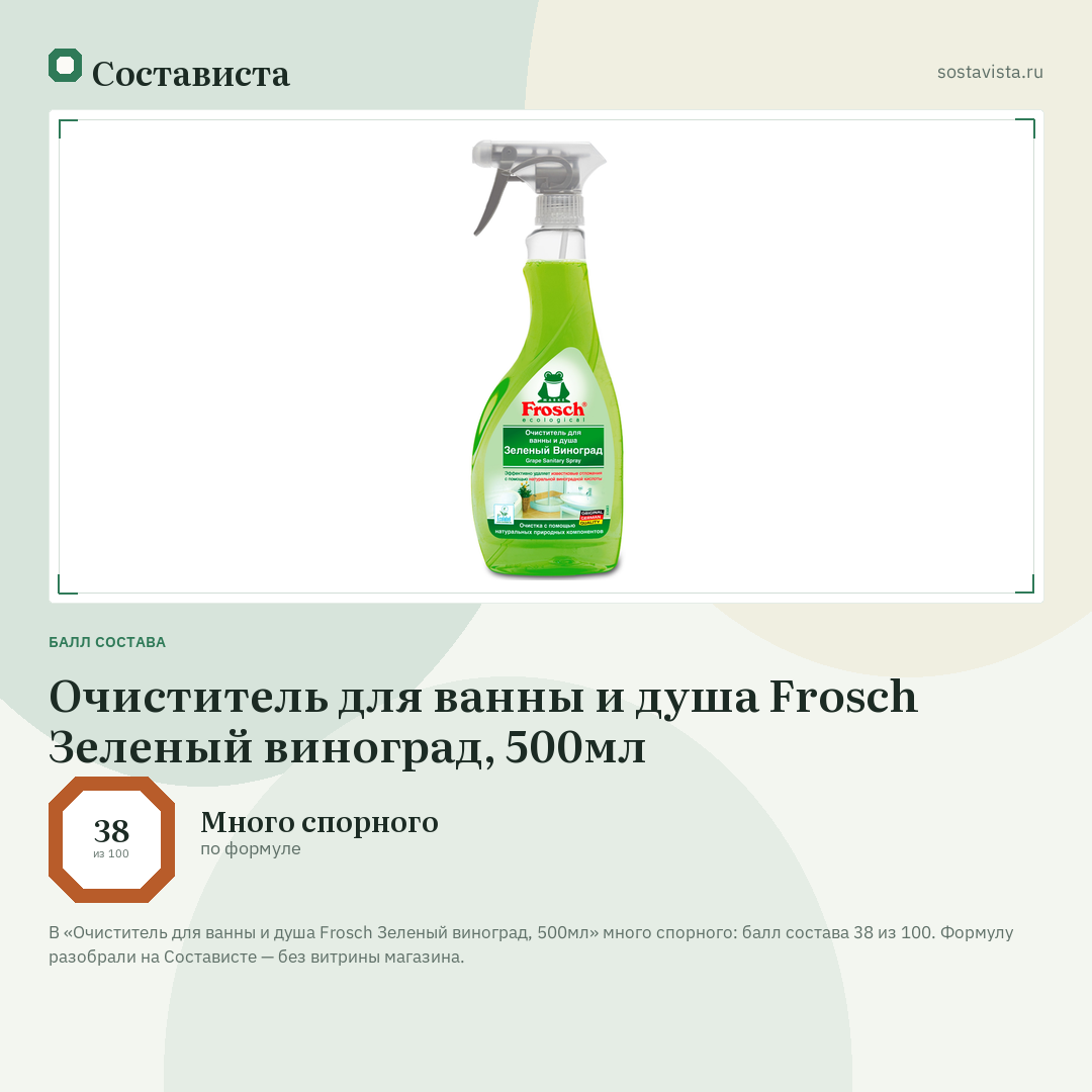 Очиститель для ванны и душа Frosch Зеленый виноград, 500мл: балл состава 38 из 100 — Состависта