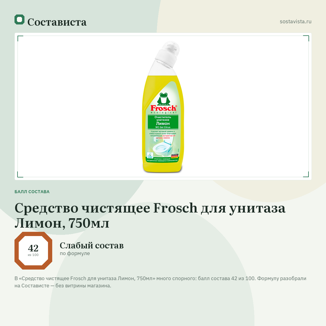 Средство чистящее Frosch для унитаза Лимон, 750мл: балл состава 42 из 100 — Состависта